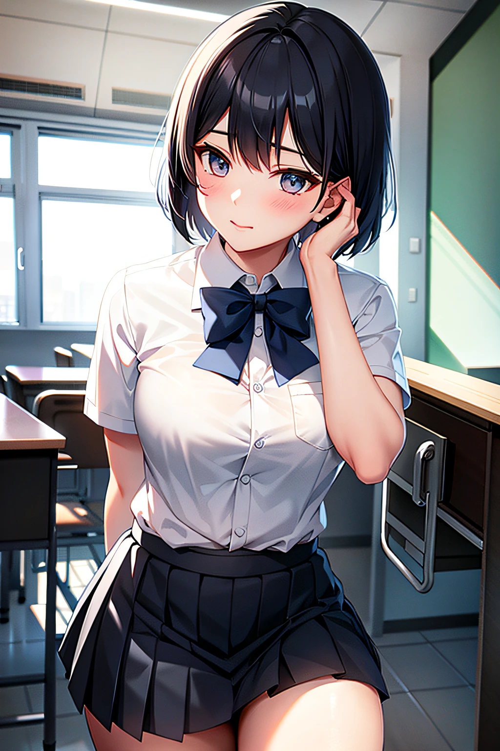 巨作, Best quality, A high resolution, HMKM1, Short hair, Blue shirt, school uniform, Pleated skirt, Long sleeves, 鎖骨, serafuku, Medium breasts, Cowboy shot, Indoors, Classroom, Sitting, desk, chair,