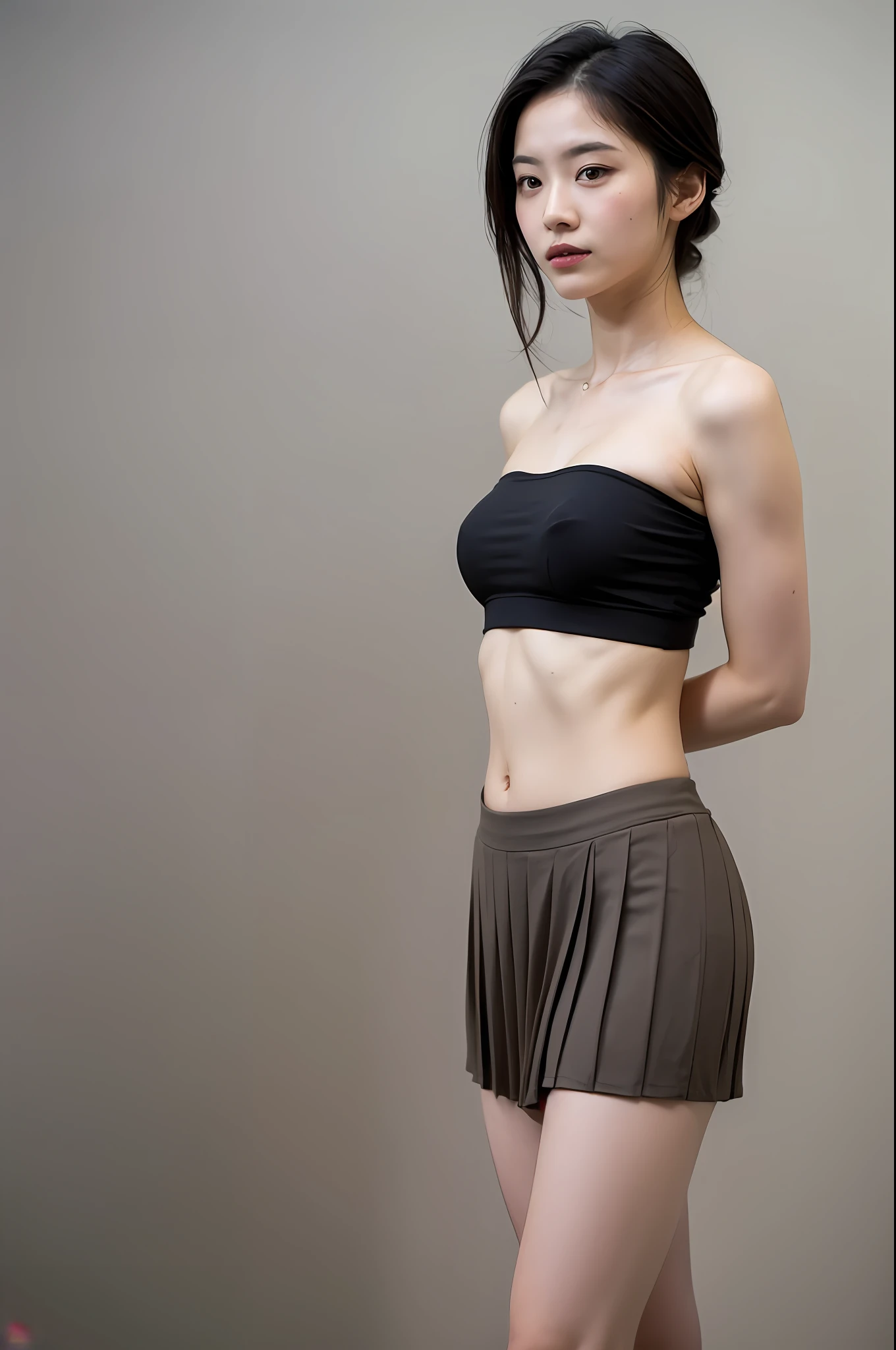 （Highly detailed body，Highly detailed face，the best quality：1.2） ，a woman with，Hands behind your back，sideface（Wide bandeau top，Black JK pleated skirt，Open navel) Background room 1.4