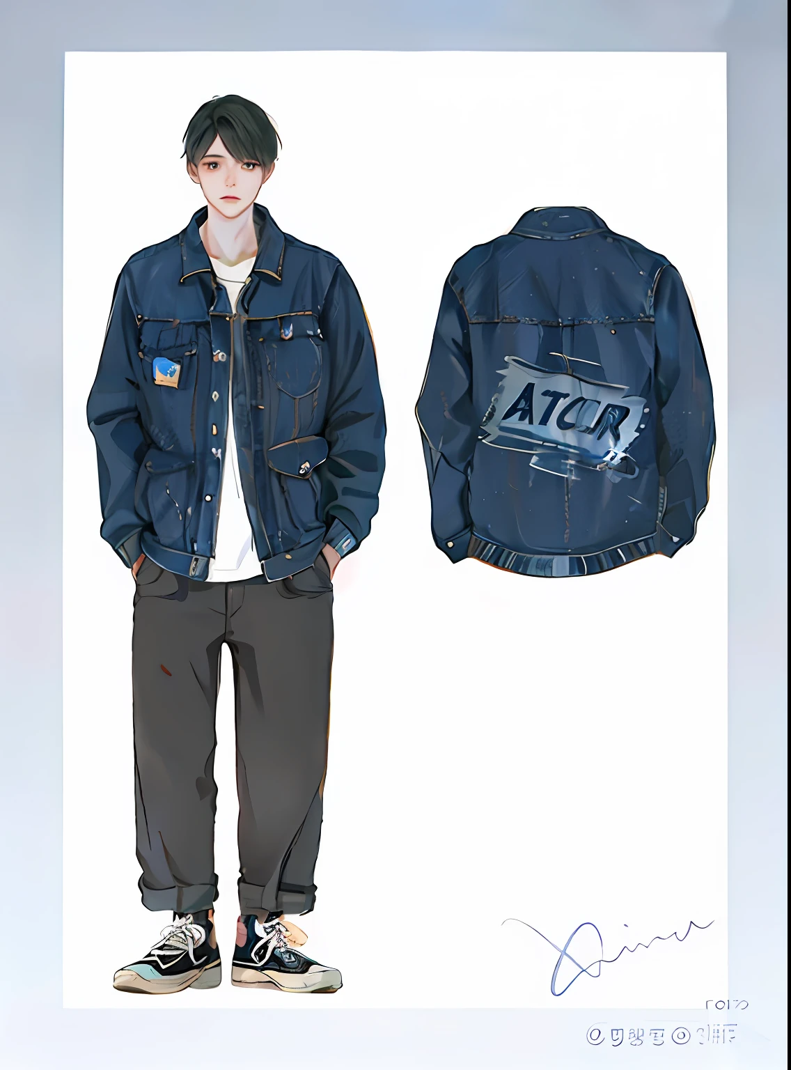 a close up of a drawing of a man wearing a denim jacket, drawind style, 2 d style, inspired by Gang Hui-an, Denim jacket, Realistic Outfits, clothing design, anime set style, Realistic style, clothing design, style anime, [ Digital art ]!!, live2d virtual youtuber model, concept art of single boy, wearing a jeans jackets