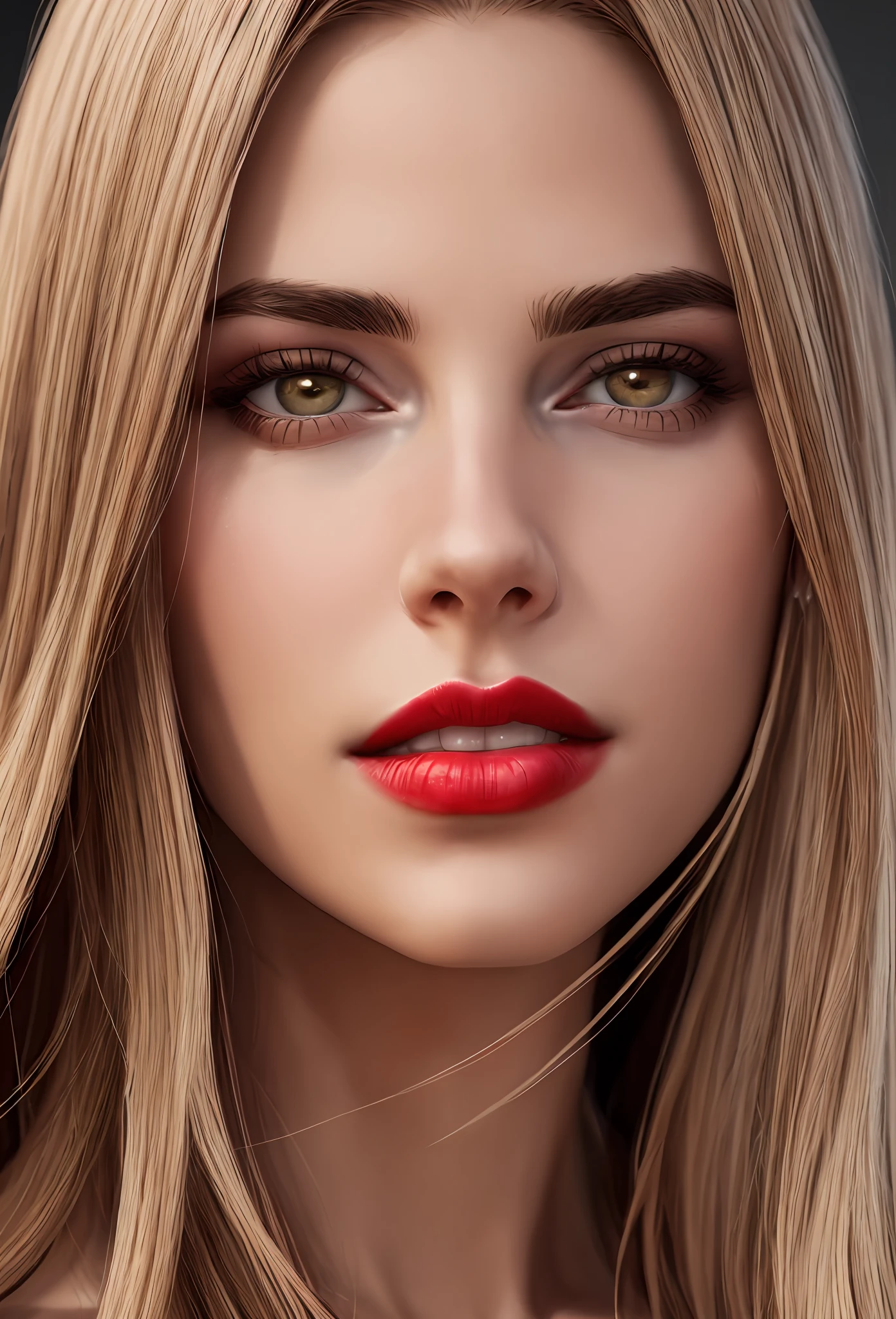 um close up de uma mulher com longos cabelos loiros e batom vermelho, rosto bonito fotorrealista, rosto bonito realista, detailed face with red lips, light-red lips, rosto bonito hiperrealista, retoque de beleza, belo rosto realista, foto retrato suave 8 k, modelo de rosto perfeito, sexy red lips, retoque profissional, focus on pursed lips