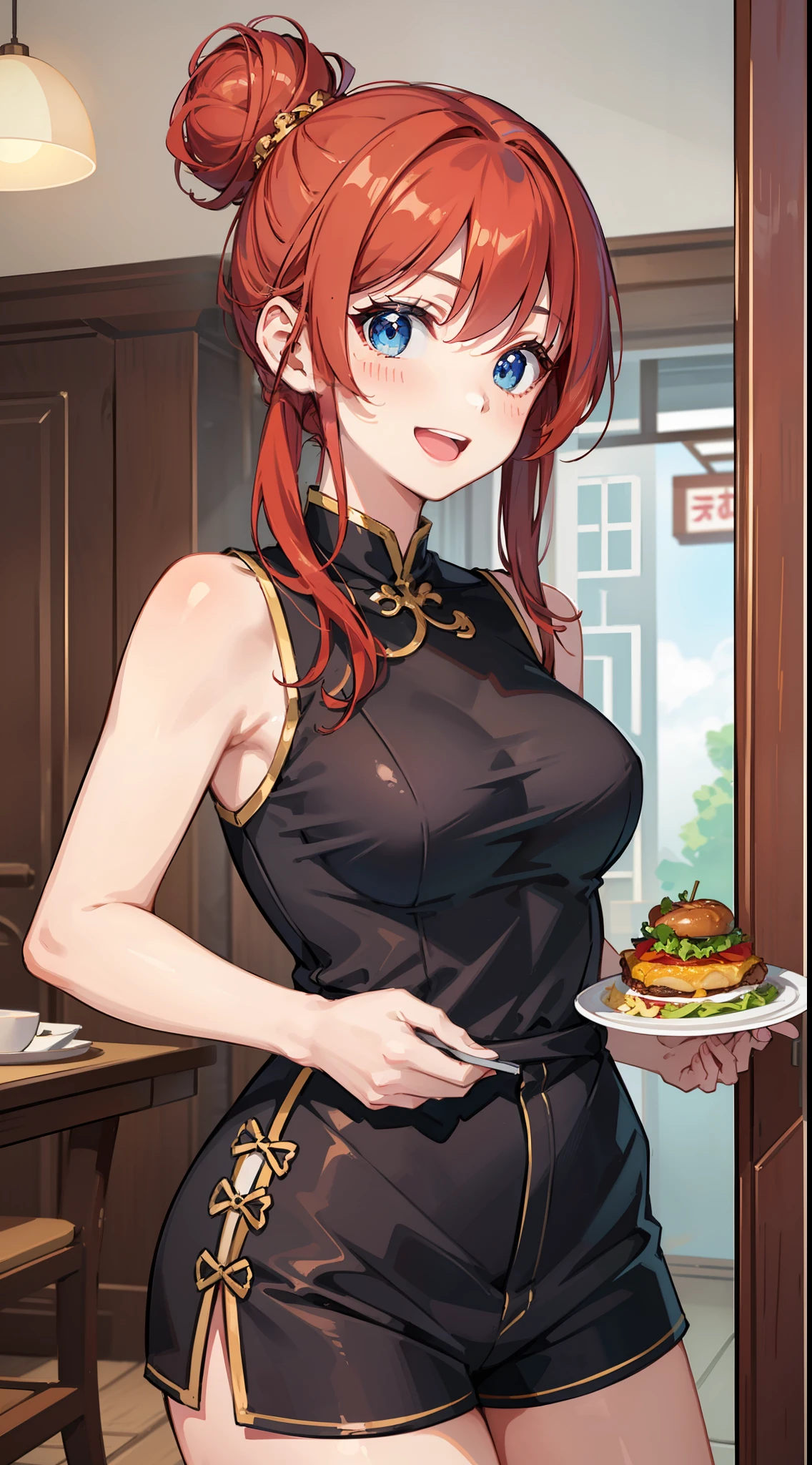 young girl, red hair in a bun, blue eyes, Chinese sleeveless dress, Shorts, A tray of food, Cheerful smile, open mouth, Masterpiece, high qulity