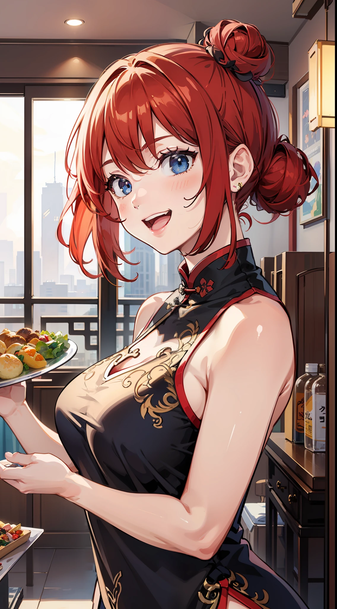 young girl, red hair in a bun, blue eyes, Chinese sleeveless dress, Shorts, A tray of food, Cheerful smile, open mouth, Masterpiece, high qulity
