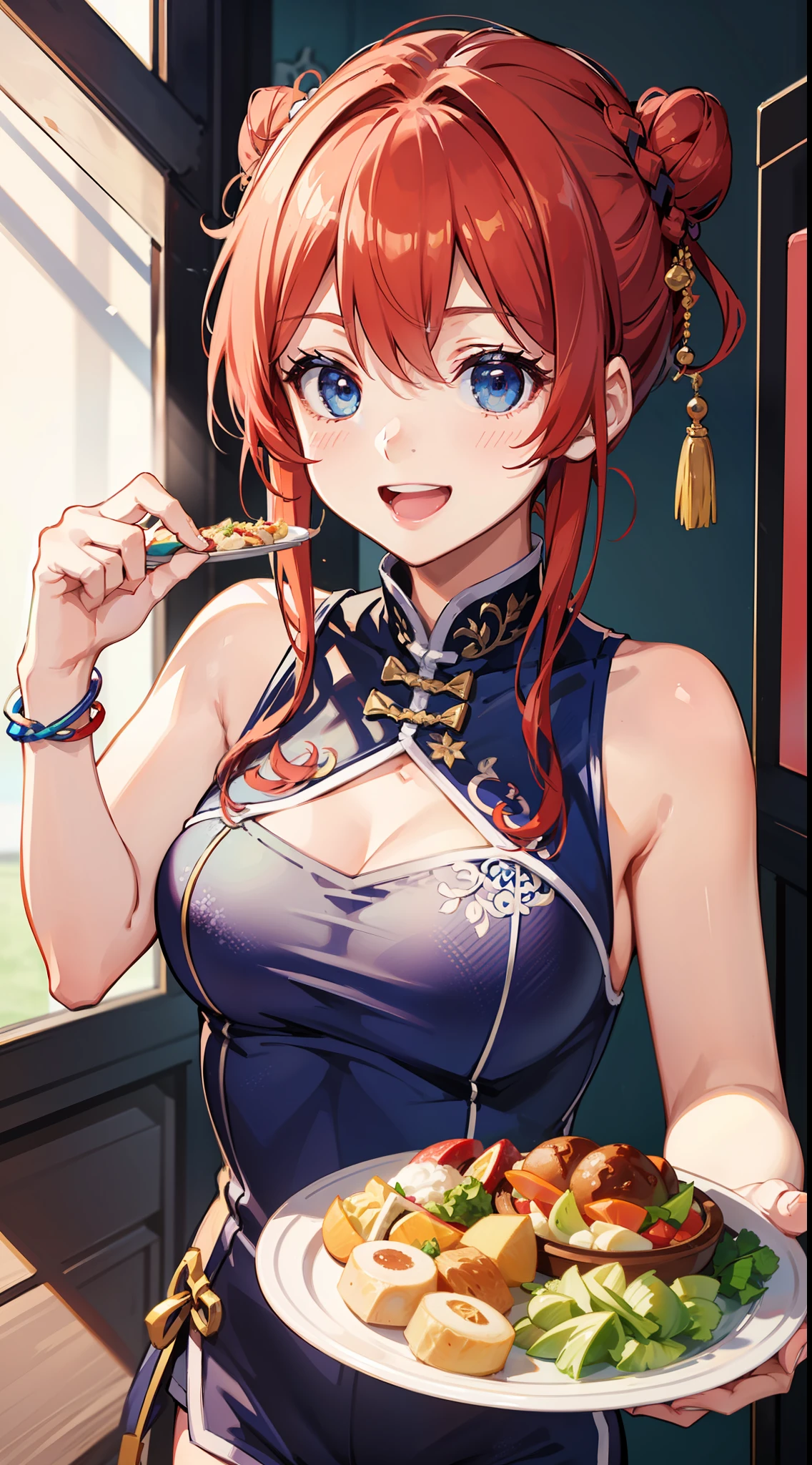 young girl, red hair in a bun, blue eyes, Chinese sleeveless dress, Shorts, A tray of food, Cheerful smile, open mouth, Masterpiece, high qulity
