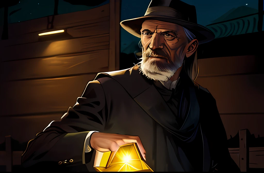 (((Cara raivosa)), (comic styled), David Bradley wearing a black hat and black clothes, cena escura, ao ar livre a noite em uma fazenda, olhos azuis, fazenda Noturna, particles, Chuva leve, Foco masculino, (cabo de fluxo longo), noite, Chuva, fundo detalhado, (arte de Frank Miller), obra-prima, (realista:1.3), perfect illumination, sombreamento perfeito, (textura realista do tecido), hiper-realista, (fotorrealista:1.5)