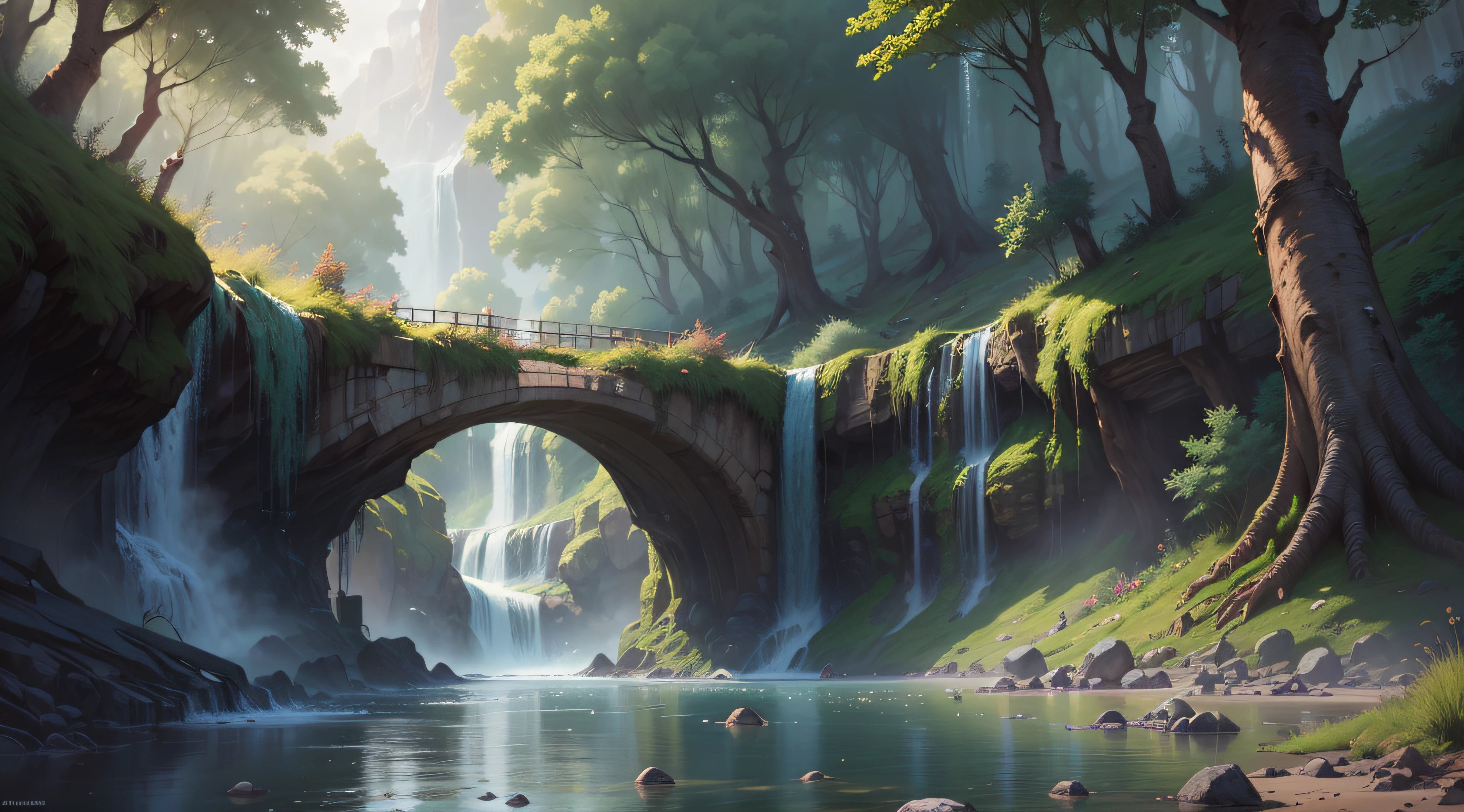 (A magical forest with a stream and high waterfalls.:1.1), motor irreal, cinematiclighting, arte conceitual, chiaroscuro, profundidade de campo, UHD, ((super detalhe, alta qualidade, melhor qualidade, preciso, 16k)),1772Pixel-1280Pixel, natural scenery, fora, HDR, ornamentado, alto detalhe, detalhes intrincados, hiperdetalhado:1.15, fundo detalhado, Water and paint, (estilo de (Greg Rutkowski:1.0) e (Darek Zabrocki:0.8) e (Andreas Rocha:0.8):1.2), rochas gigantescas, sky with clouds, lua, planetas,