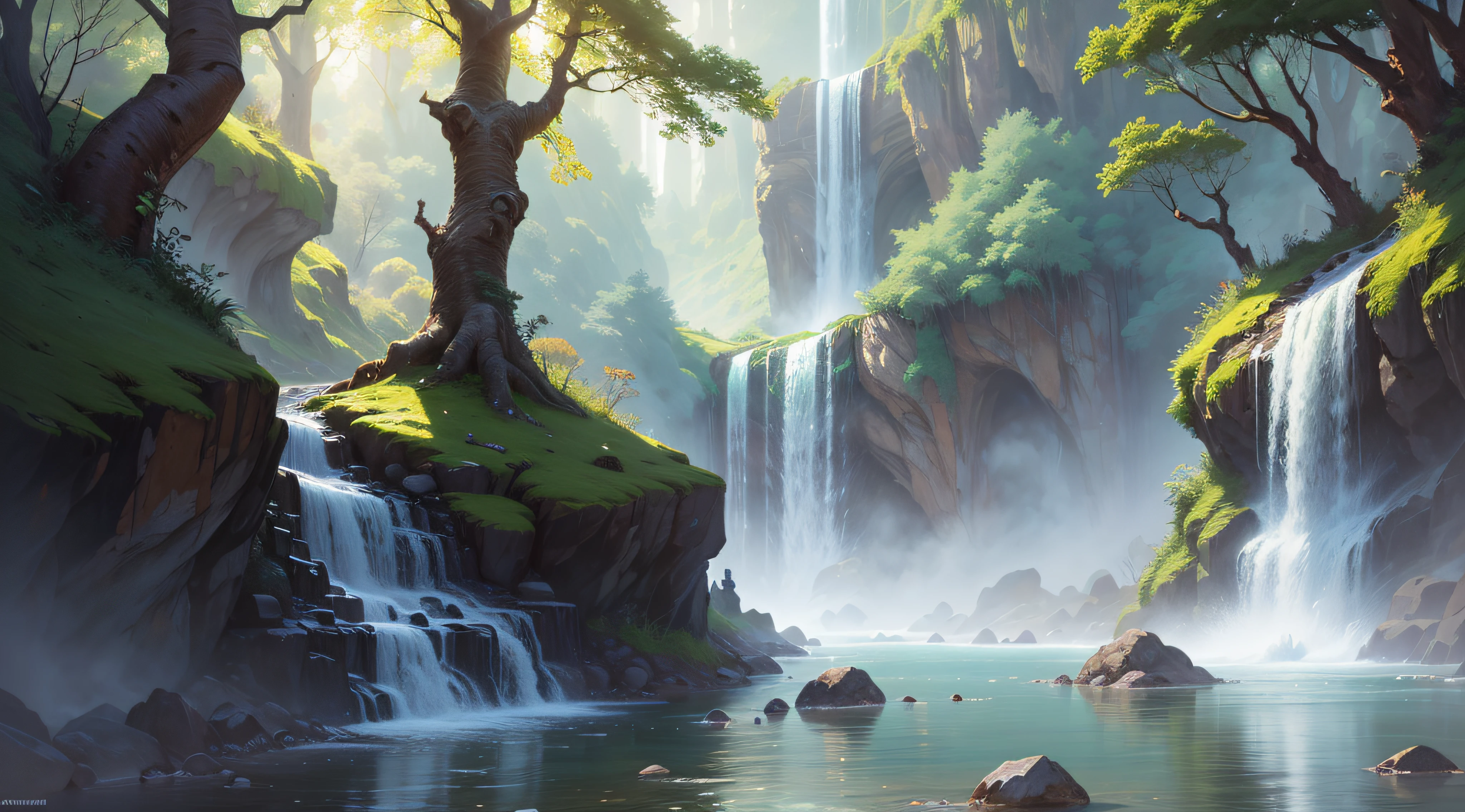 (A magical forest with a stream and high waterfalls.:1.1), motor irreal, cinematiclighting, arte conceitual, chiaroscuro, profundidade de campo, UHD, ((super detalhe, alta qualidade, melhor qualidade, preciso, 16k)),1772Pixel-1280Pixel, natural scenery, fora, HDR, ornamentado, alto detalhe, detalhes intrincados, hiperdetalhado:1.15, fundo detalhado, Water and paint, (estilo de (Greg Rutkowski:1.0) e (Darek Zabrocki:0.8) e (Andreas Rocha:0.8):1.2), rochas gigantescas, sky with clouds, lua, planetas,