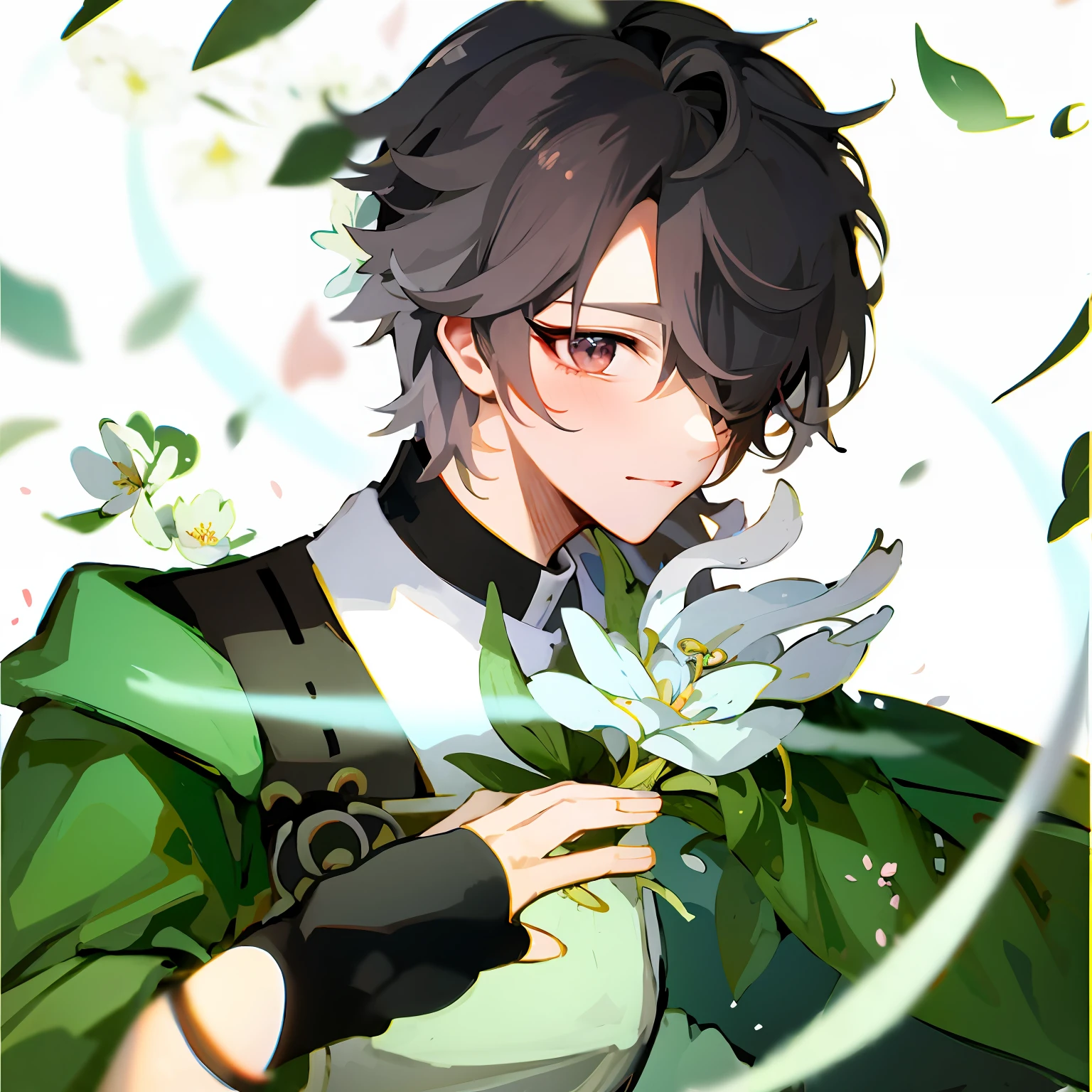 anime boy with a green and black outfit holding a flower, inspired by Okumura Masanobu, demon slayer rui fanart, high quality fanart, inspired by Kun Can, by Ai-Mitsu, tsurumaki kazuya, inspired by Bian Shoumin, official fanart, beautiful androgynous prince, keqing from genshin impact