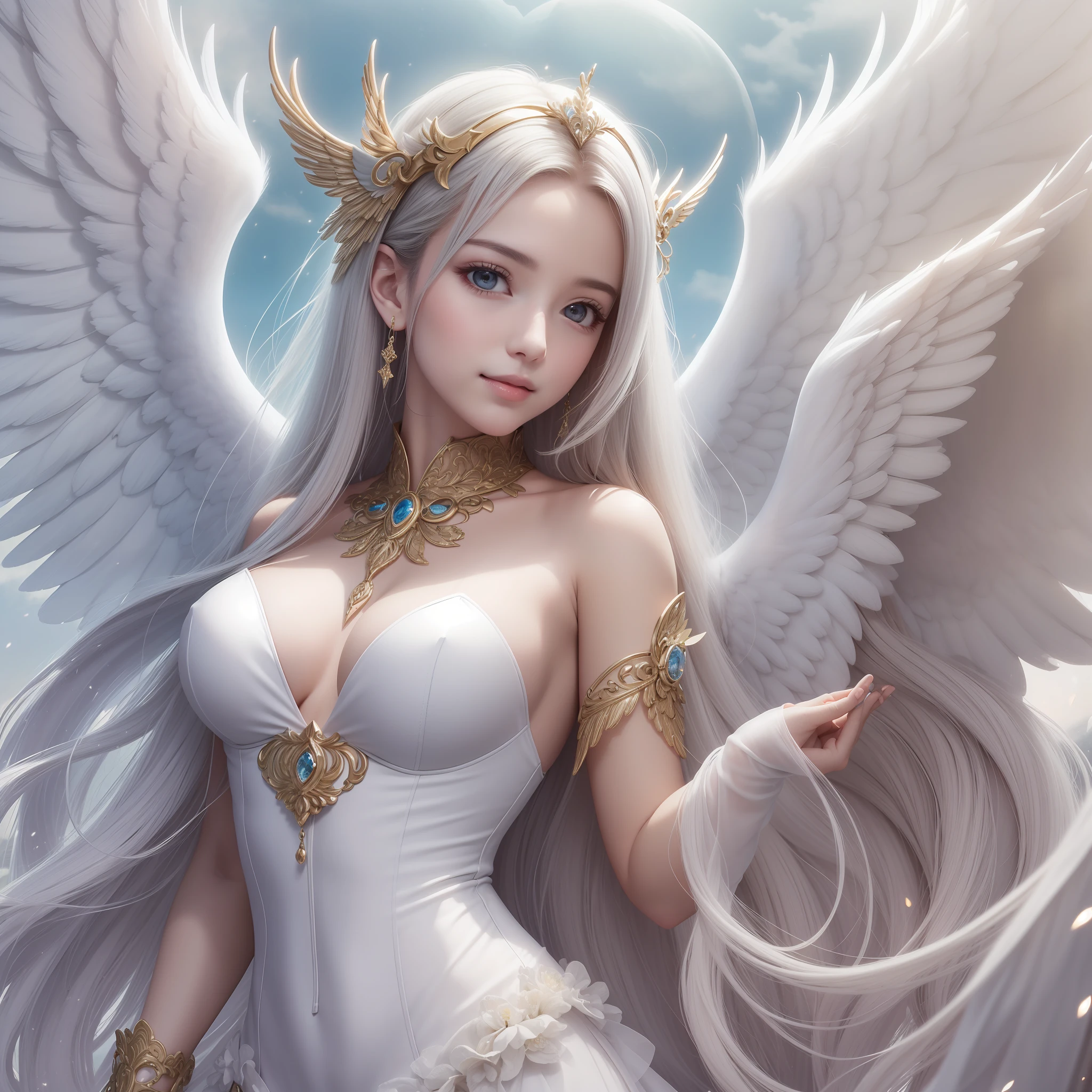 ultra realisitic、Wings of an Angel、Fair skin、Gentle smile like a virgin、big chest out、Official art、archangel、White and beautiful hair、White dress、skyward、Detailed details、ultra res、realphoto、Ornate ornament、deity々Shikai、