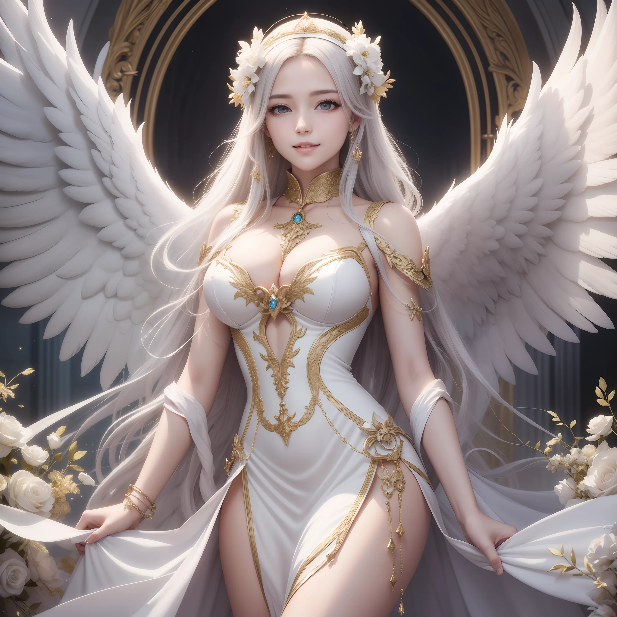 ultra realisitic、Wings of an Angel、Fair skin、Gentle smile like a virgin、big chest out、Official art、archangel、White and beautiful hair、White dress、skyward、Detailed details、ultra res、realphoto、Ornate ornament、deity々Shikai、