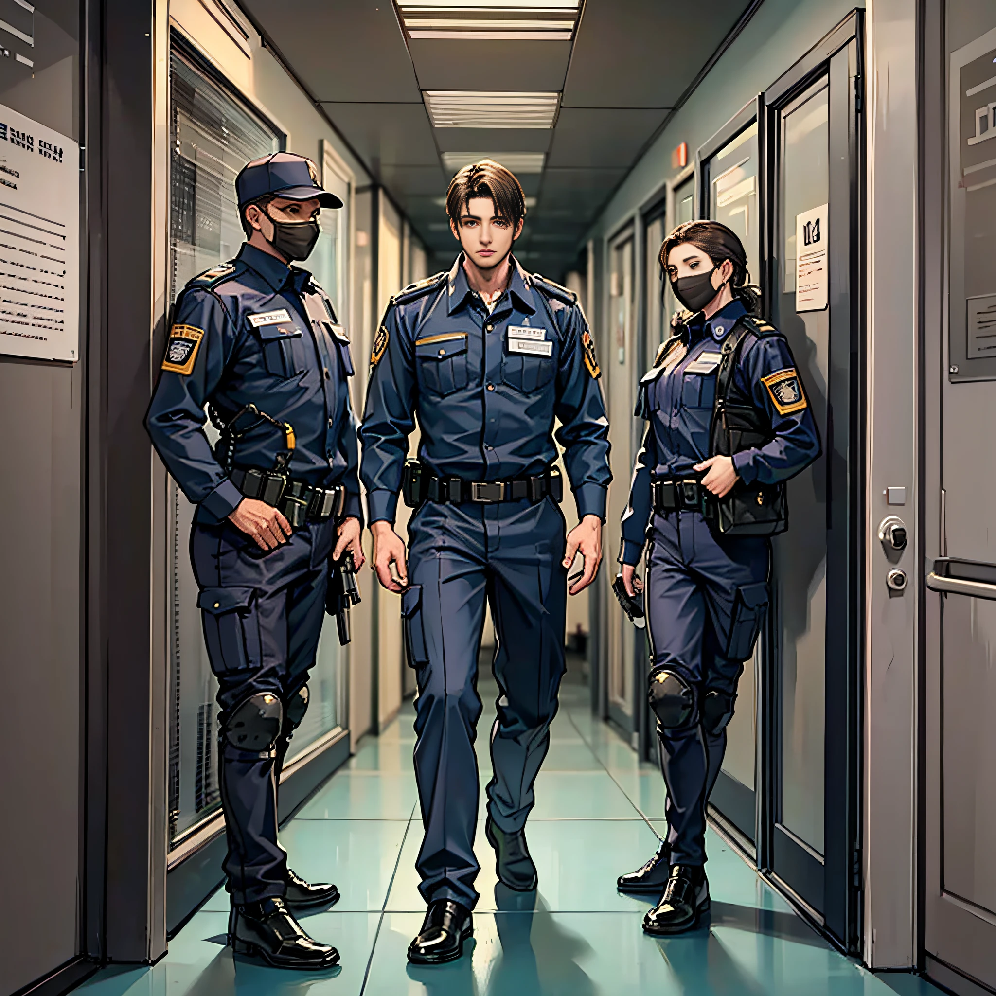 Several men in security uniforms,Outside the hospital corridor,nights,darkly,Upper body close-up,masterpaintings,8K