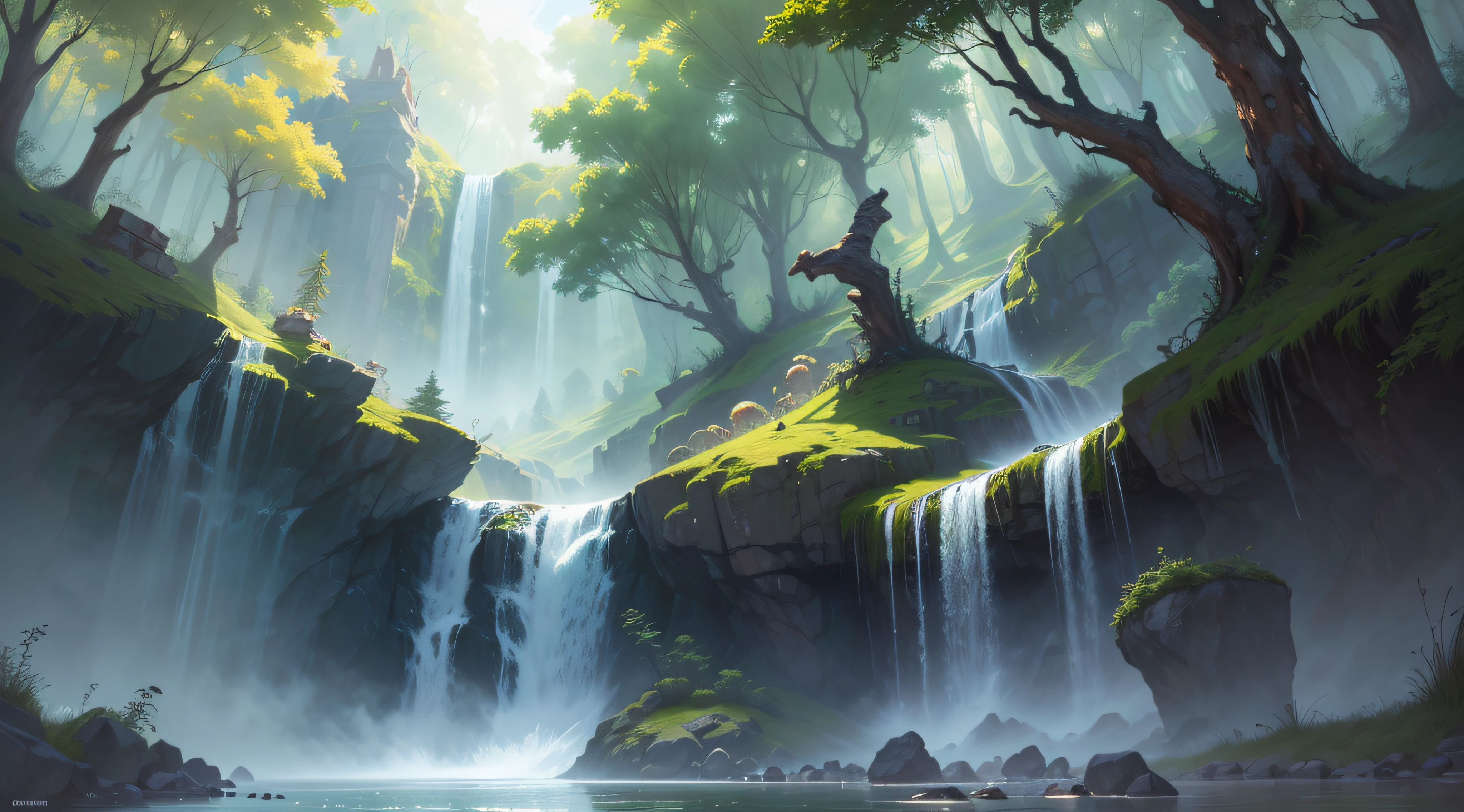 (A magical forest with a stream and high waterfalls.:1.1), motor irreal, cinematiclighting, arte conceitual, chiaroscuro, profundidade de campo, UHD, ((super detalhe, alta qualidade, melhor qualidade, preciso, 16k)),1772Pixel-1280Pixel, natural scenery, fora, HDR, ornamentado, alto detalhe, detalhes intrincados, hiperdetalhado:1.15, fundo detalhado, Water and paint, (estilo de (Greg Rutkowski:1.0) e (Darek Zabrocki:0.8) e (Andreas Rocha:0.8):1.2), rochas gigantescas, sky with clouds, lua, planetas,