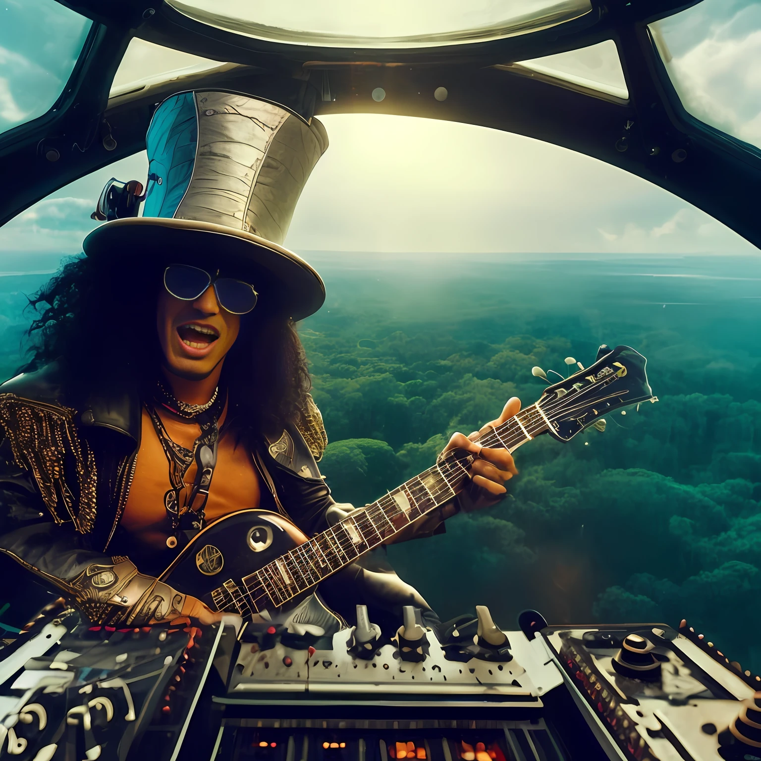 arafed image of a man with a guitar in a helicopter, slash page, he is a rockstar, by Wayne England, archwizzard in a hat, by derek zabrocki, the rock and roll emperor, album, rocking out, by Kurt Roesch, 🌻🎹🎼, badass composition, steampunc, bootsy collins