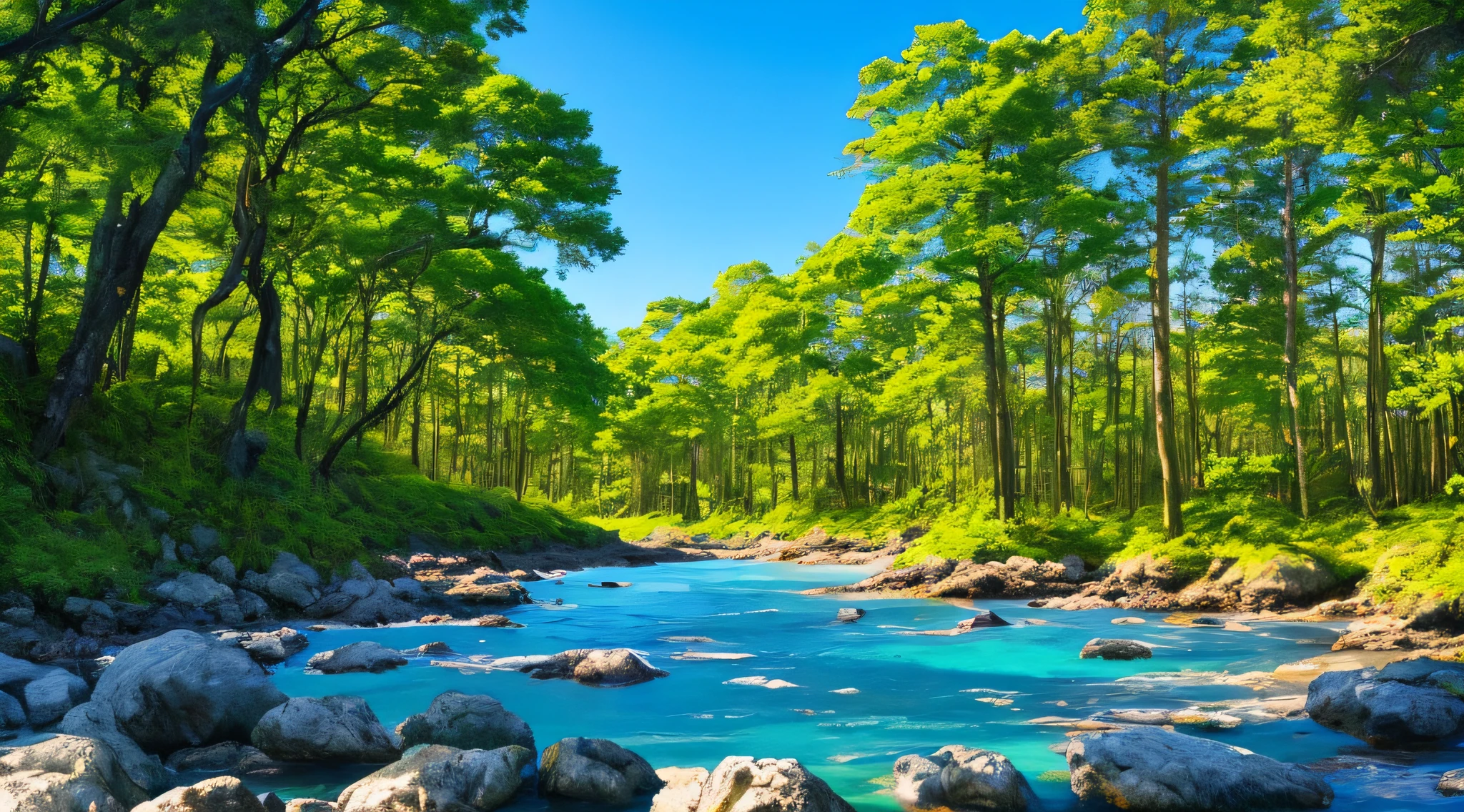 landscape forest with a calm blue sea surrounded by rocks in a clearing sunny blue sky and calm forest
