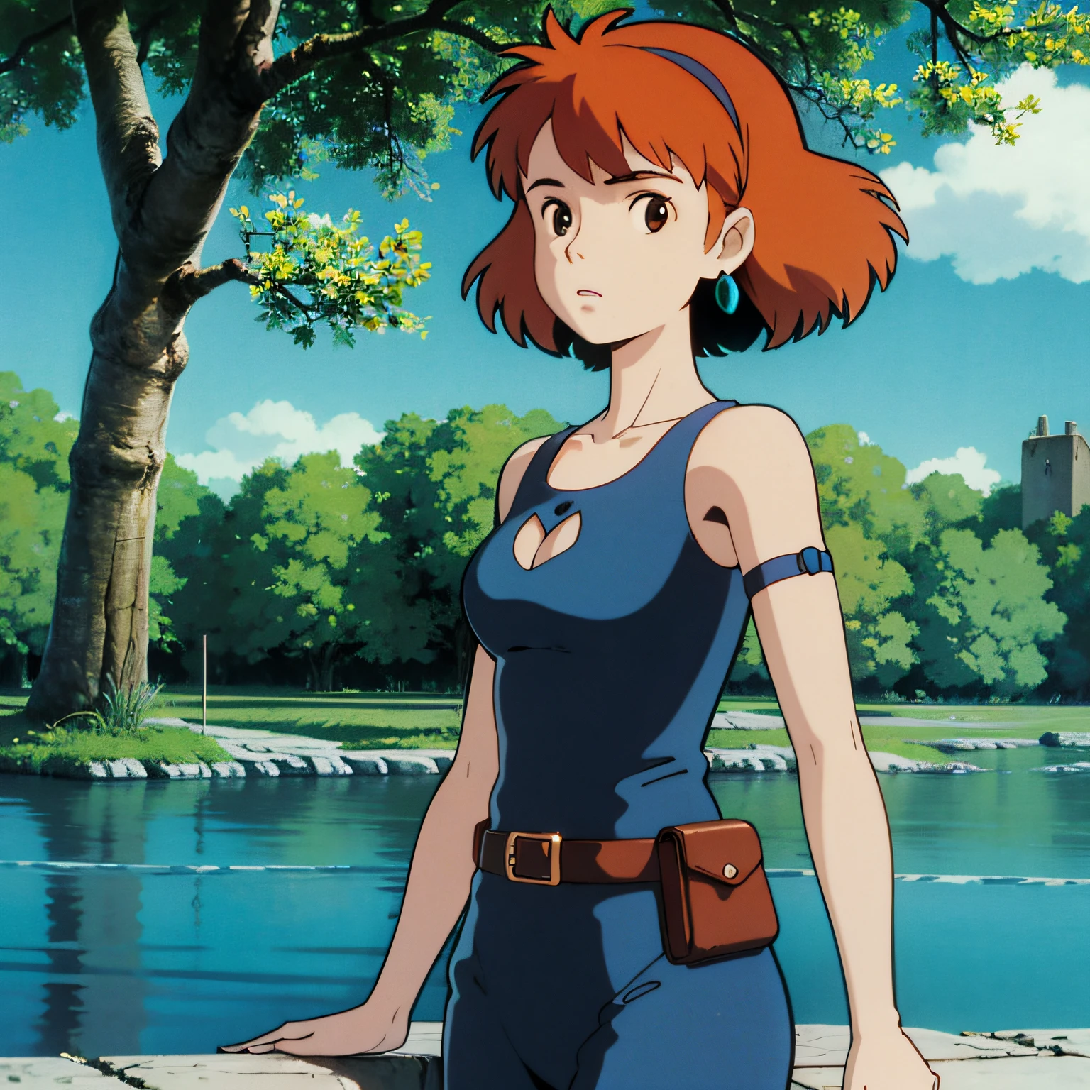 ghibli style, Nausicaa \(Nausicaa\), 1girl, open chest, 20 y.o., armlet, bangs, orange hair, Nausicaa outfit, breasts, earrings, floating hair, forest, brown eyes, jewelry, looking at viewer, medium breasts, sea of decay crumbling buildings, outdoors, parted bangs, shirt, medium hair, solo, tree, upper body, blue shirt , steampunk, ((masterpiece)),