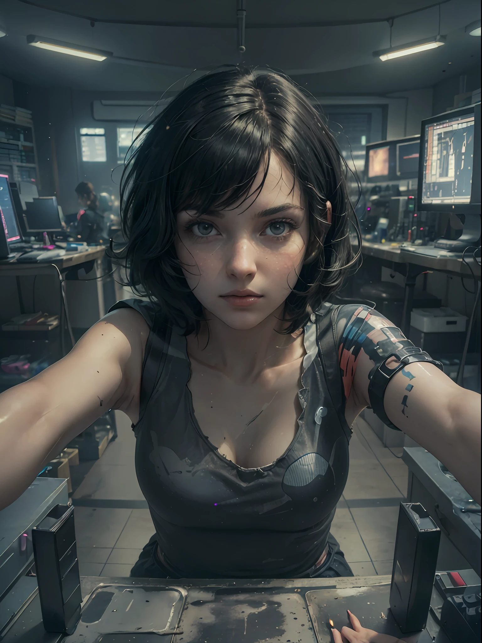 (best quality:1.33), (masterpiece:1.42), (realistic:1.24), (detailed:1.15), 1girl, adult female, short black hair, biochemical body, in a room full of computers, tech lab, dark, neon lights, dynamic pose