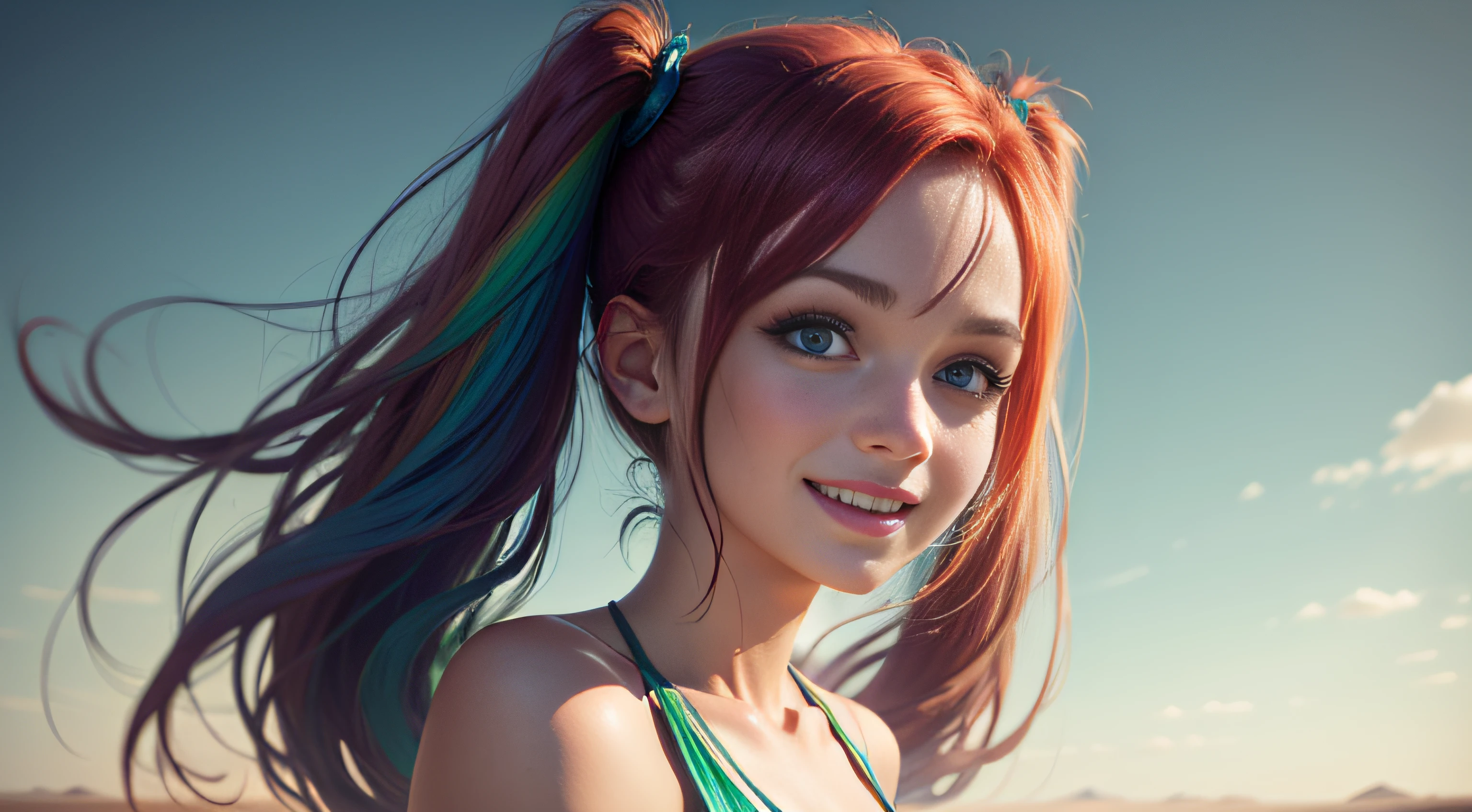 cute redhead woman in twin tails, multiple rainbow colored hair, sky-blue eyes, happy, Ukrainian, ite, pale skin, wearing a green metallic color bikini, post apocalyptic background, bleak barren desert, photo realistic woman. --auto