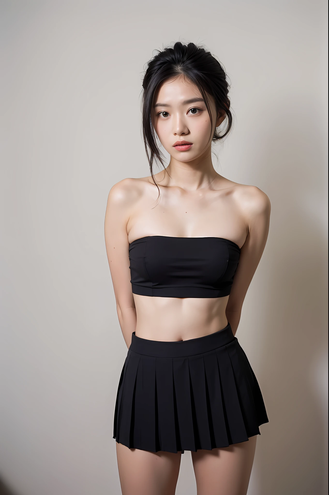 （Highly detailed body，Highly detailed face，the best quality：1.2） ，a woman with，Hands behind your back，Look at the lens（Wide bandeau top，Black JK pleated skirt，Open navel) Background room 1.4