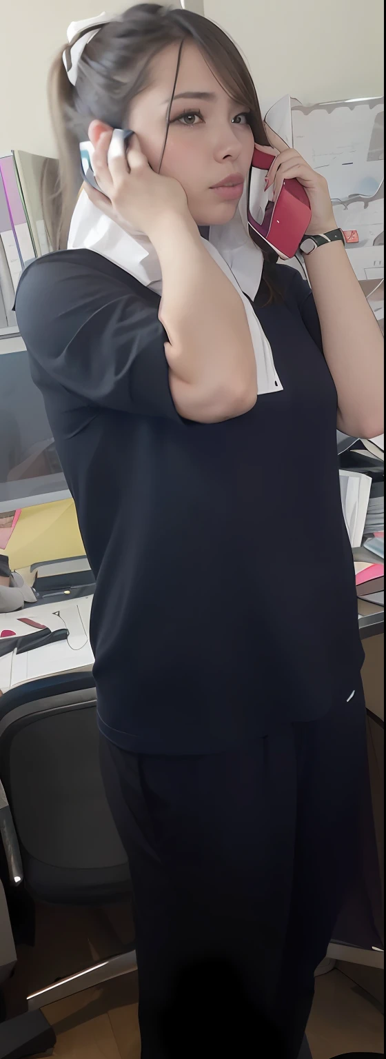 there is a woman that is talking on the phone in the office, shoulders can be seen, arms behind back,,Wearing underwear, t - pose, t pose, arms extended, Upper half of the body, arms to side