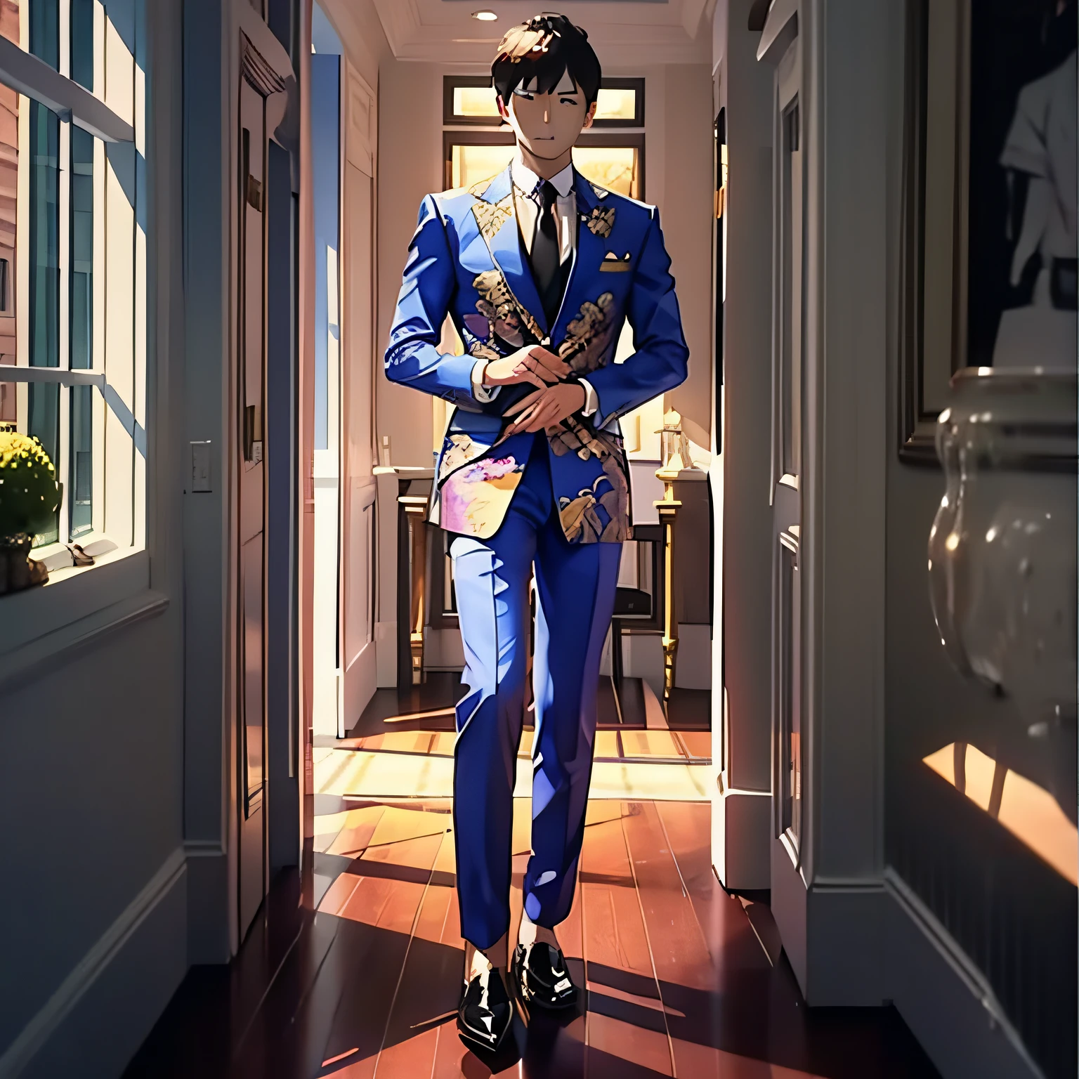 A handsome man in a suit holds a cheongsam beauty in group high heels in the manor