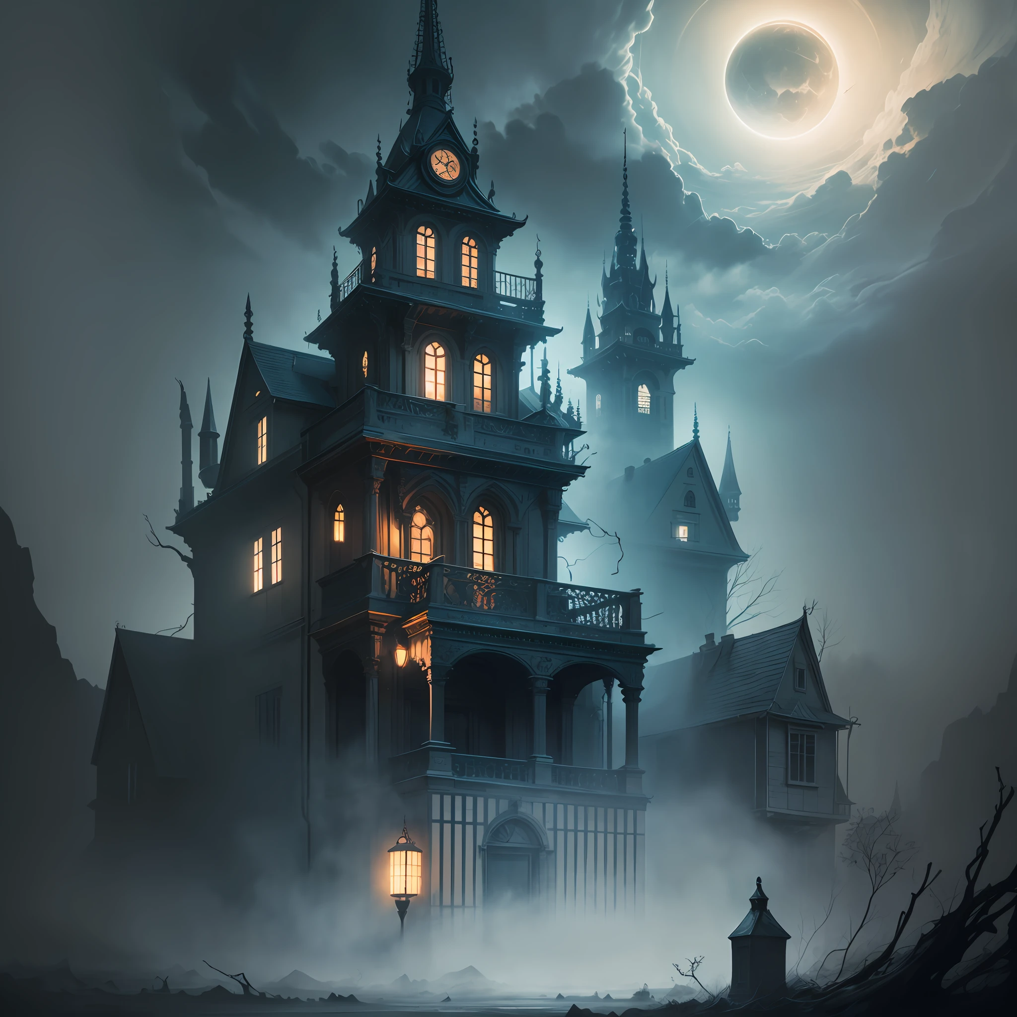a haunted house with many ghosts and demons, dreamlike landscapes, organic and biomechanical elements, fleeting impressions, atmospheric lighting, emotional depth, layering and blending of colors, intricate detailing and texturing, ethereal, mysterious, surrealism --auto --s2
