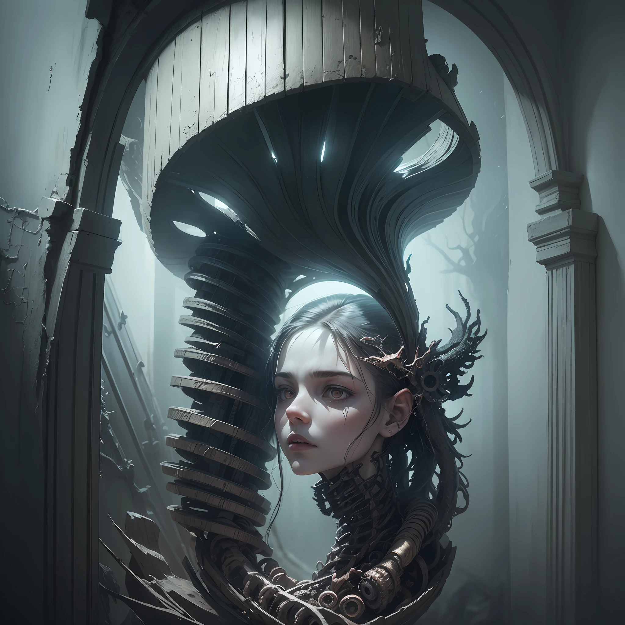 a haunted house with many ghosts and demons, dreamlike landscapes, organic and biomechanical elements, fleeting impressions, atmospheric lighting, emotional depth, layering and blending of colors, intricate detailing and texturing, ethereal, mysterious, surrealism --auto --s2