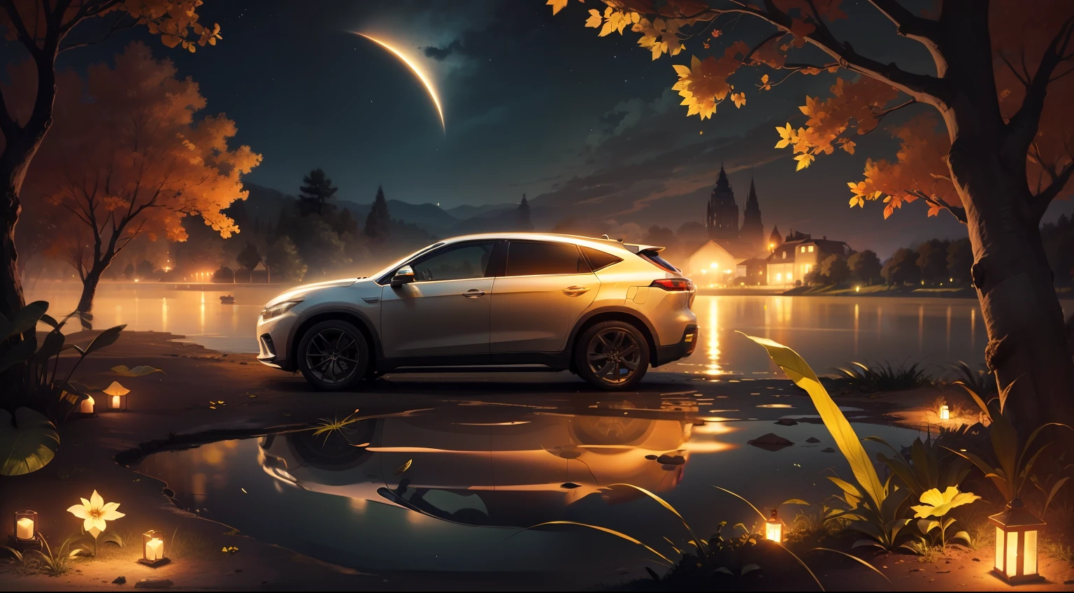 the night,As estrelas,Glowing flowers and leaves,lakes,Vacant land --auto