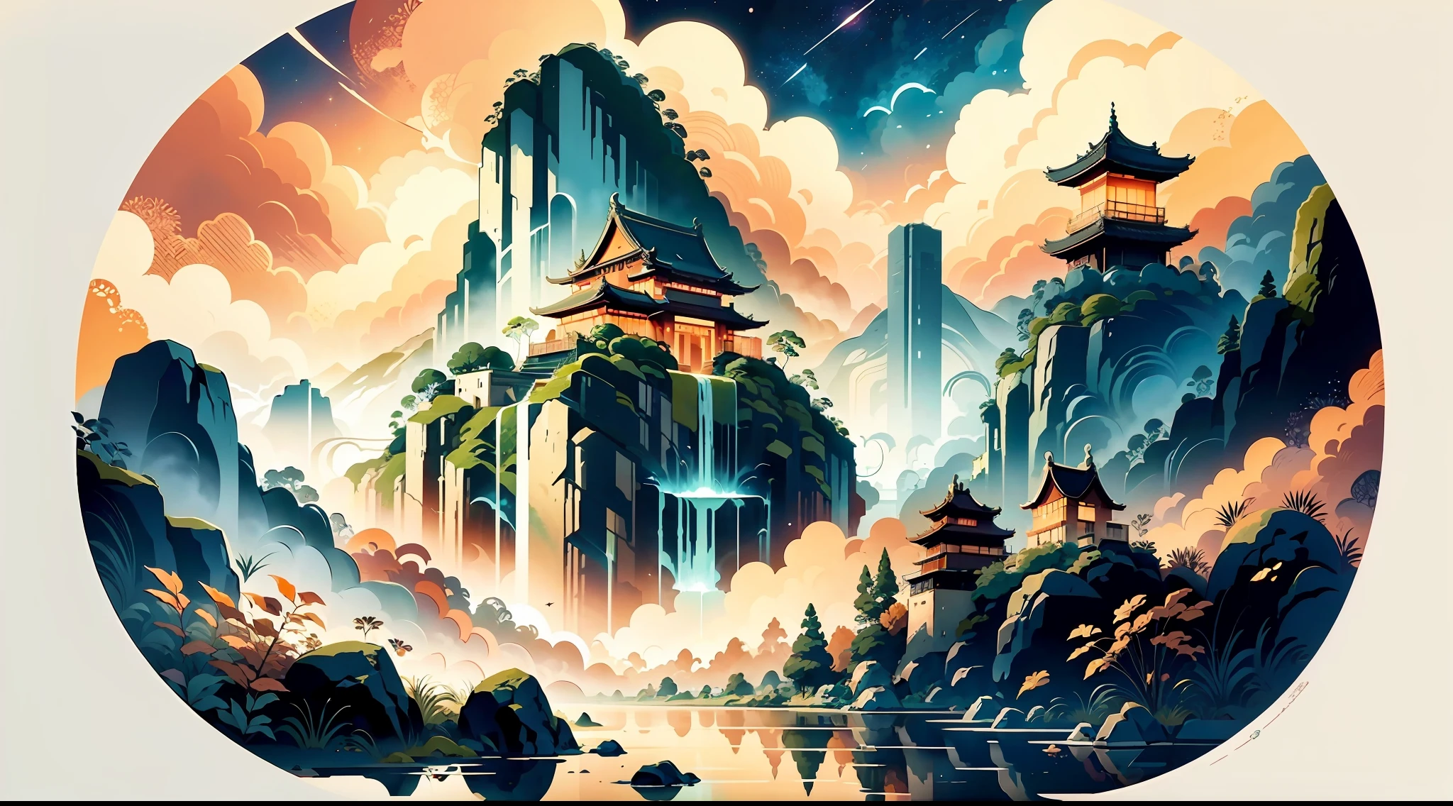 illustrated by Guochao,by Victo Ngai,The Chinese Tang Dynasty city is built continuously,The river meanders,In the distant sky it is blue,In close proximity of dense forests and lush green meadows,The river twinkles in the sun,On a cliff,The buildings and temples of the ancient city stand firmly on the cliffs,Between clouds,As the sun sets,The colors of the hilltops and clouds changed to gold and orange, perfectly depicted in the ethereal style of Amedeo Modigliani。This cosmic beauty is presented in 8K,By EtelAdnan-ar1:1-S400-Japanese Era 5 provides the finest celestial detail