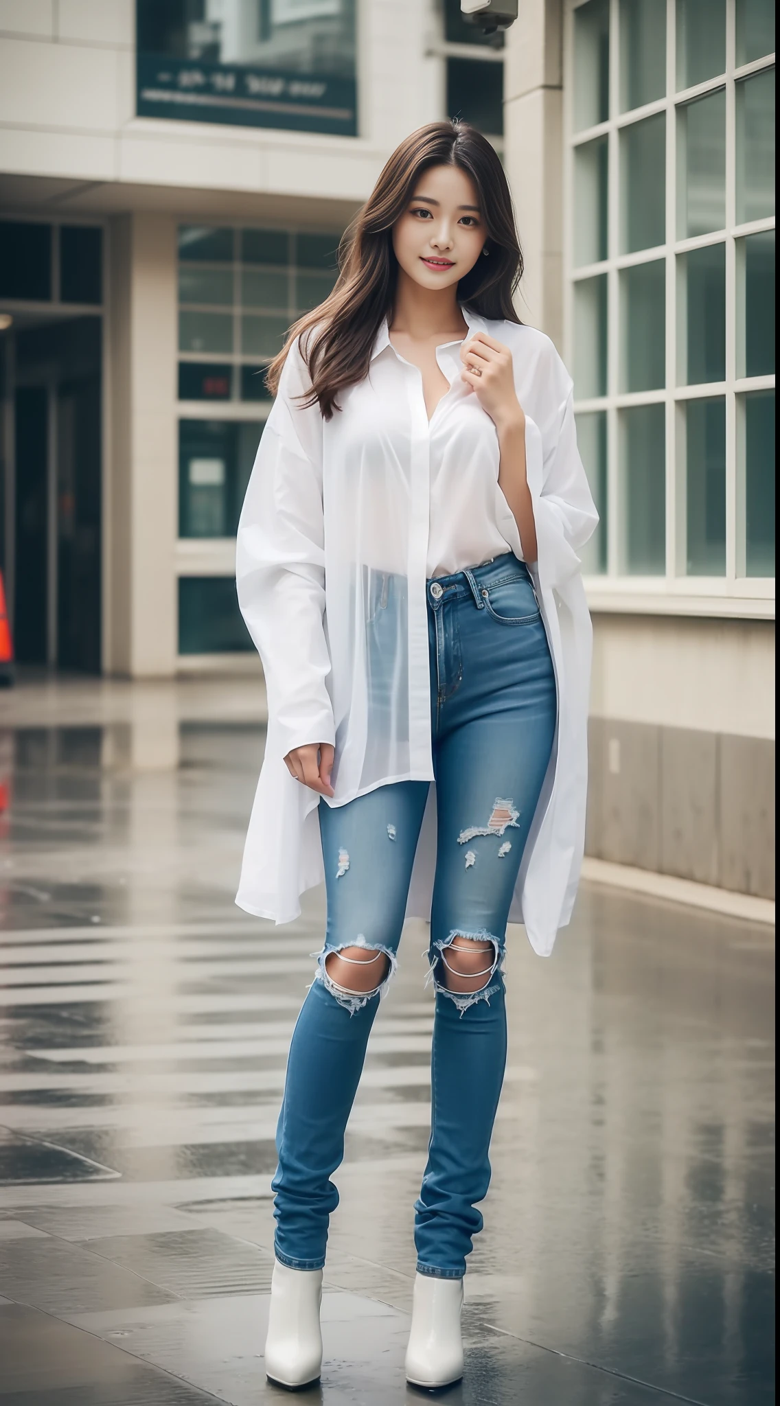 ((beste-Qualit、巨作:1.3))、18 years-old、college student、sharp foc:1.2、A beautiful woman with perfect body:1.4、Detailed and very beautiful face、(White shirt wet by rain)、(rainny、a street:1.2)、short-hair、Wet Body:1.1、body complet、Denim Short、((high heals))、(((Beautiful leg line beauty:1.2)))