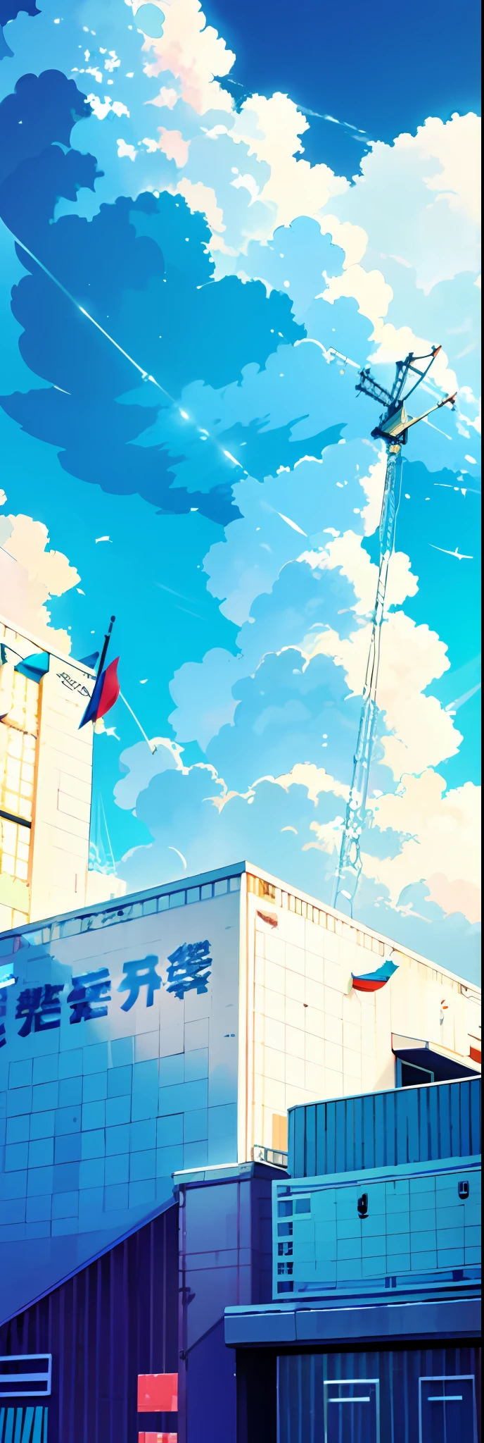 (building dispersed within a simple background), cloud in the background, colorful manga-style color scheme, manga-style color palette, a dynamic glimpse of a manga panel, harmonious color palette.