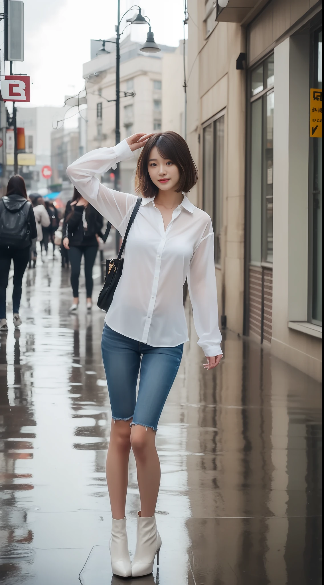 ((beste-Qualit、巨作:1.3))、18 years-old、college student、sharp foc:1.2、A beautiful woman with perfect body:1.4、Detailed and very beautiful face、(White shirt wet by rain)、(rainny、a street:1.2)、short-hair、Wet Body:1.1、body complet、Denim Short、((high heals))、(((Beautiful leg line beauty:1.2)))