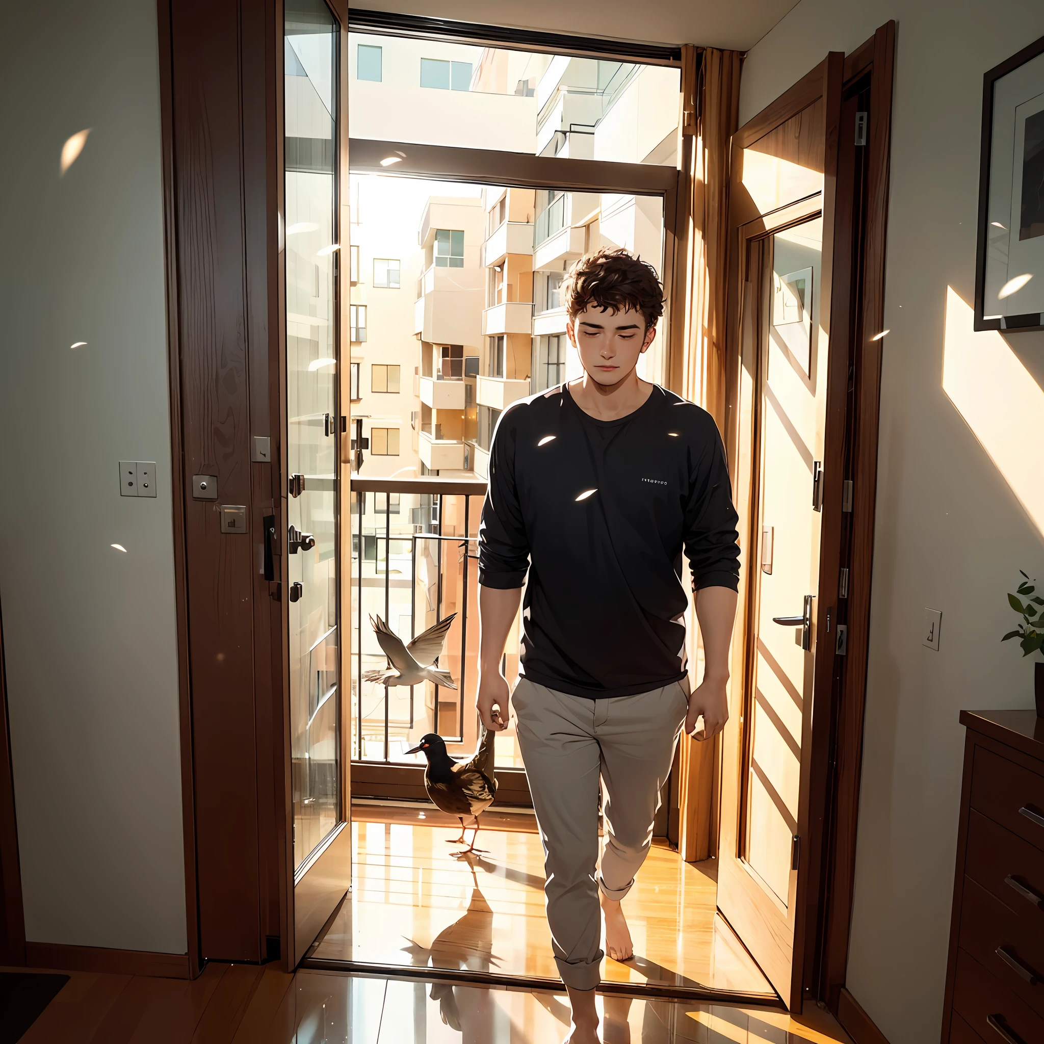 22yr old man, coming home from work, tired, slamming the door open, walking into apartment, happiness, tired, finally home, corporate wear, apartment floor, middle class apartment, great weather, birds flying, magical particles surround him (natural skin texture, hyperrealism, soft light, sharp), night time, apartment light illumination