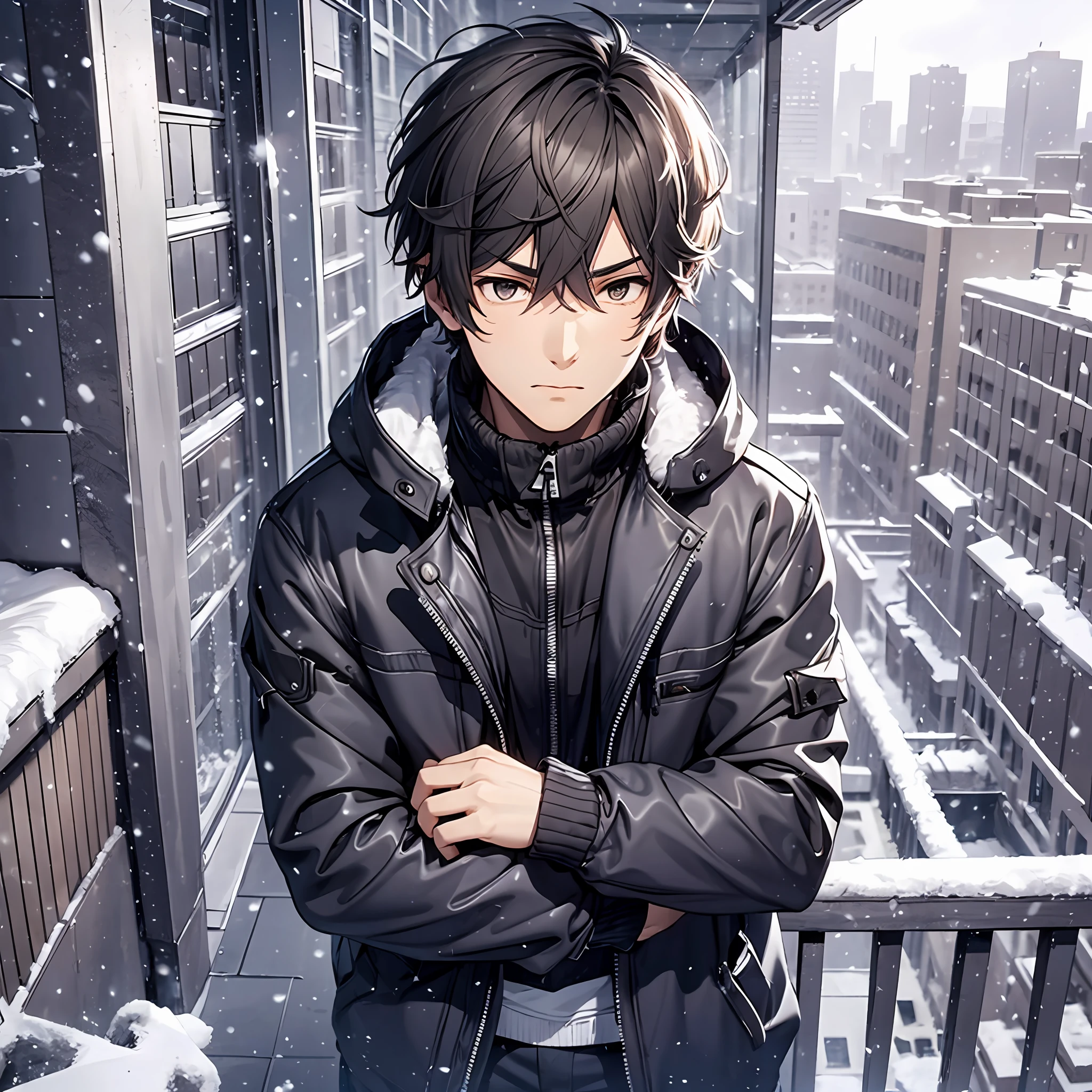 Freezing, winter season, a boy with short messy brown hair leaning on the balcony wearing a buffed black jacket and looking contemplative, snowstorm