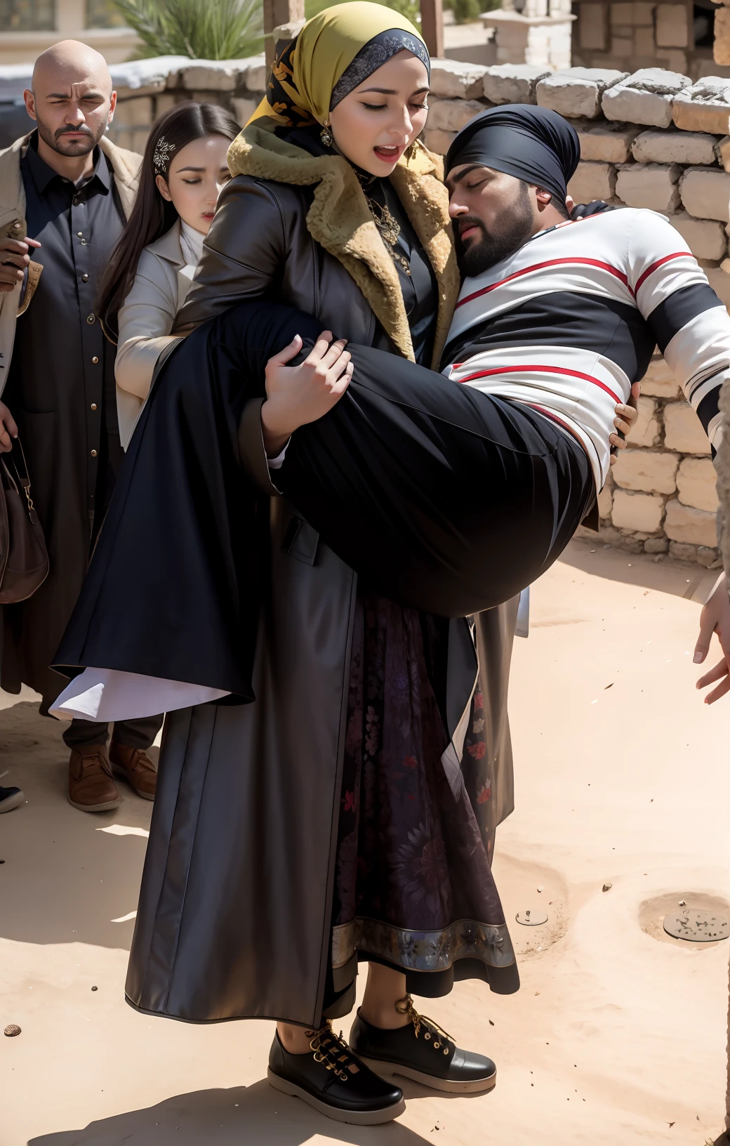 a woman in a shiny leathercoat, a woman holding a wounded man with a bald head, there is a tajik woman with an extremely madeup face in a shiny dark leathercoat, there is a tajik woman with a headscarf holding a consciousless bearded man with a bald head, there is a consciousless bearded man with a bald head hanging helpless in the arms of a tajik woman, pity-poses, dramatic action pose, dramatic action pose, woman that is carrying a man with a bald head, there is a beautiful woman in a shiny coat who is carrying a man with a bald head in her arms, a tajik beautiful woman in a high-shine black lethercoat, a madeup tajik woman in a shiny downcoat, a woman is carrying a man with a bald head, a weak man with a bald headi is consciousless and needs to be carried, a man with closed eyes is carried in the arms of a excited tajik woman, a tajik pretty woman looks very scared and terrified, a consciousless man with closed eyes is suffering very much and has a very painful face, photo, photo shoot, photographed