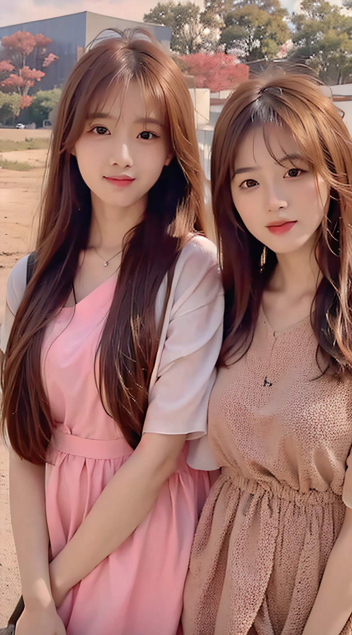 Peach blossom background，Pink floral dress，Asian girl with long hair, With long hair, Fresh face，gorgeous korean young woman, beautiful Korean women, beautiful Korean young women, Urzan, Korean girl, Brown hair long，By bangs, young lovely Korean faces, jaeyeon nam, Brown hair long, Long hair with bangs