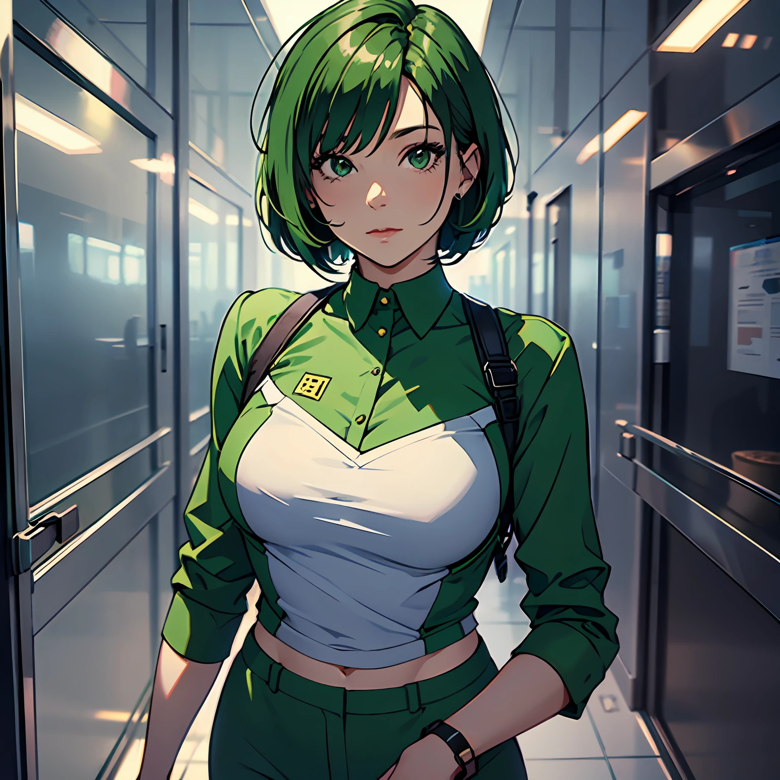 A 40-year-old woman,Green short bob hair,Green suit,Glass corridor