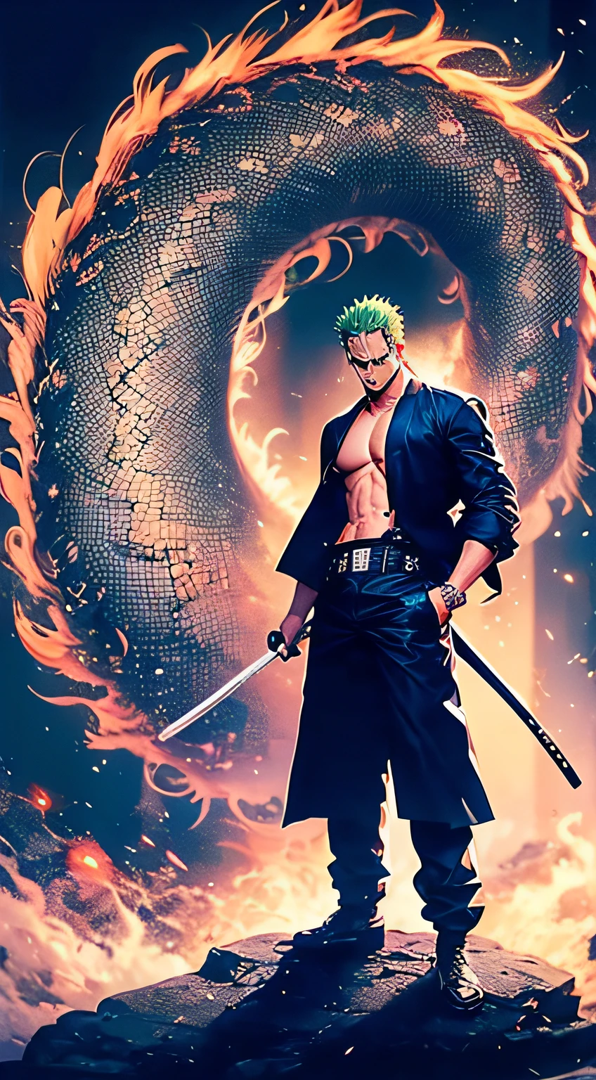 Roronoa Zoro (One Piece) standing on a mountain top, black dragon [(swirling:1.1), (majestic:1.3)] behind him with a stormy sky, lightning illuminating the scene, detailed clothing and armor with metallic finish, (realistic art style:1.4) inspired by classical oil paintings, strong shadows and highlights, intensity in the facial expression and body language, (contrast with dark background:1.2).