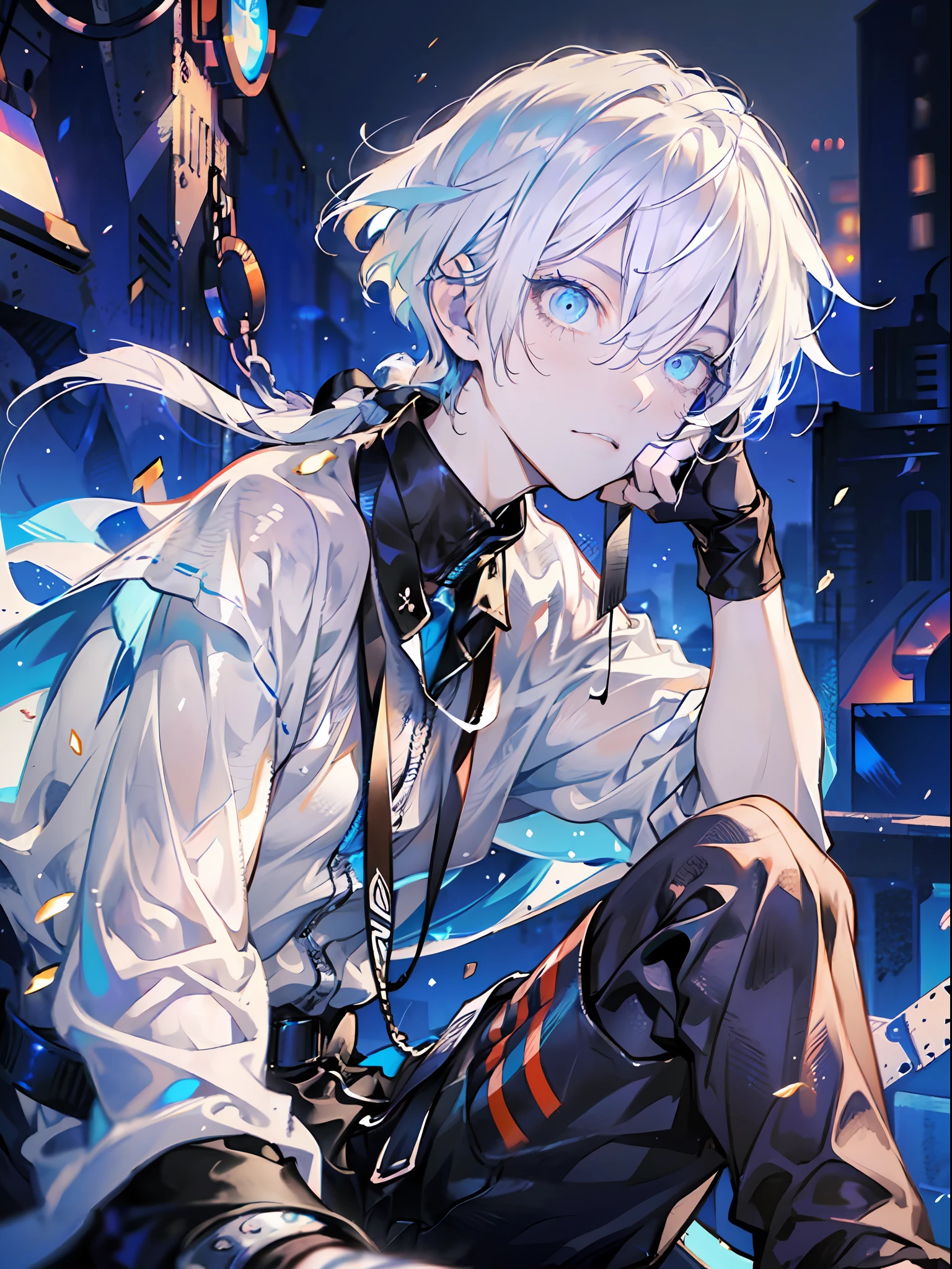 (1boy:1.2), (solo:1.2), ((masterpiece)), (shadow), ((sharp focus)), pale skin, staring off, ((detailed eyes)), (blurry background), (white hair), (cyan attire:1.2), indifferent expression, dynamic angle, (tundra background:1.3), exterior, sitting, (night)