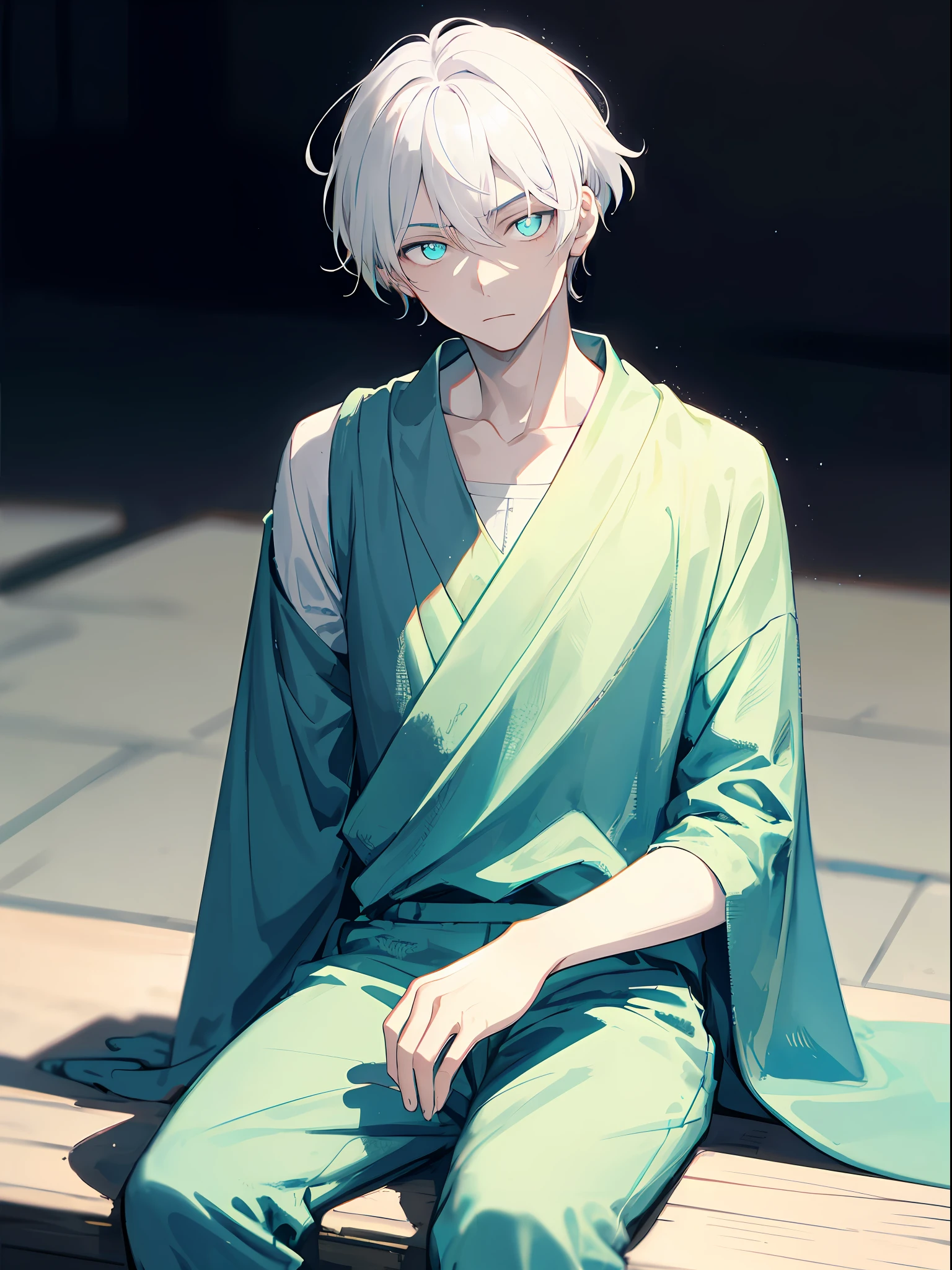 (1boy:1.2), (solo:1.2), ((masterpiece)), (shadow), [slim], ((sharp focus)), pale skin, ((detailed eyes)), (blurry background), (white hair), (cyan attire), indifferent expression, dynamic angle, (tundra:1.2), sitting
