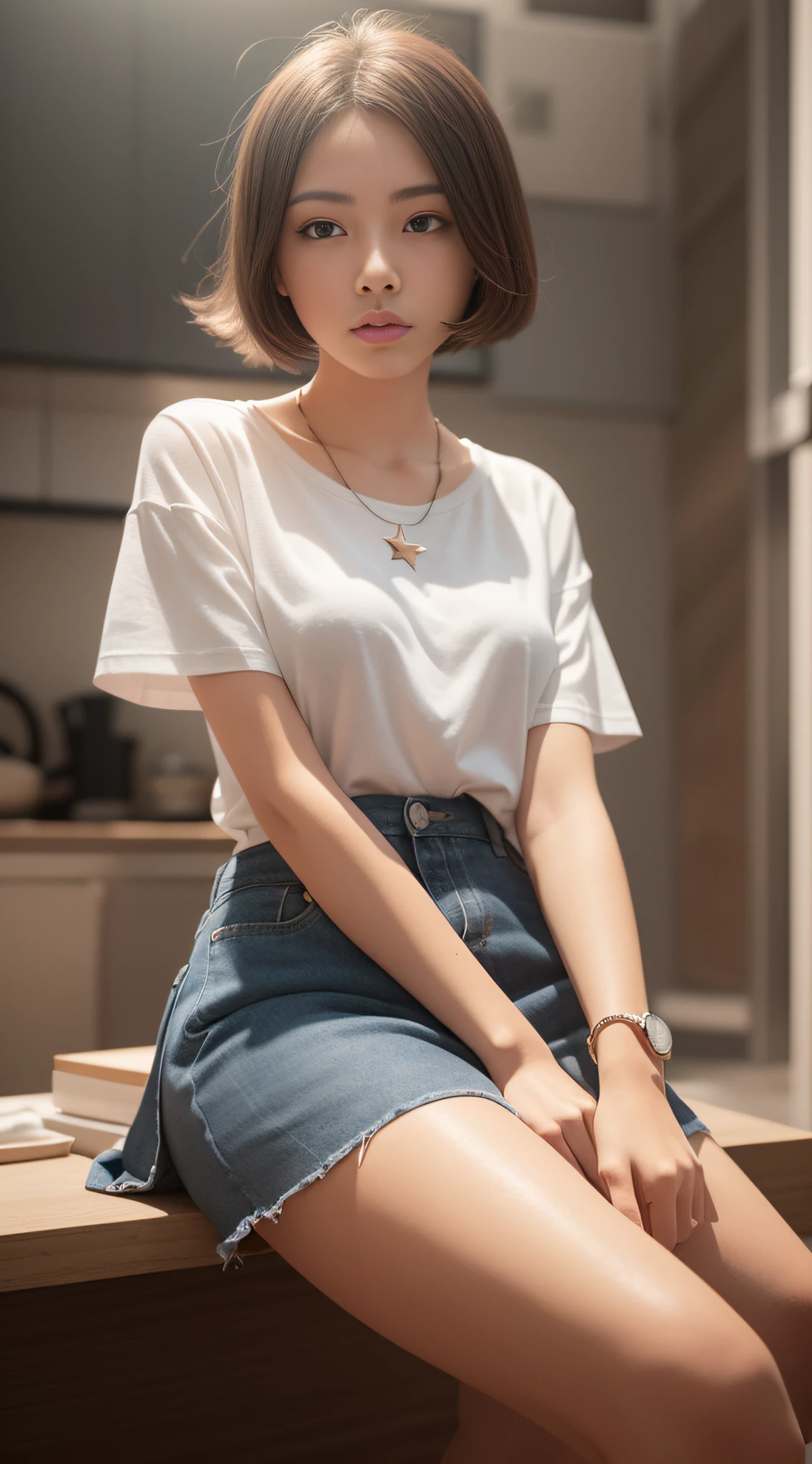 A pure beauty，Star face，High mode，realisticlying，prette，masterpaintings，beatifull，photorealestic，Cinematic lighting effects，Fresh casual style，Cotton skinny short-sleeved T-shirt+pleatedskirt，((Pick dyeing))，White canvas shoes，Simple necklace，16k,Best picture quality，((C4D modeling))，(CR rendering)