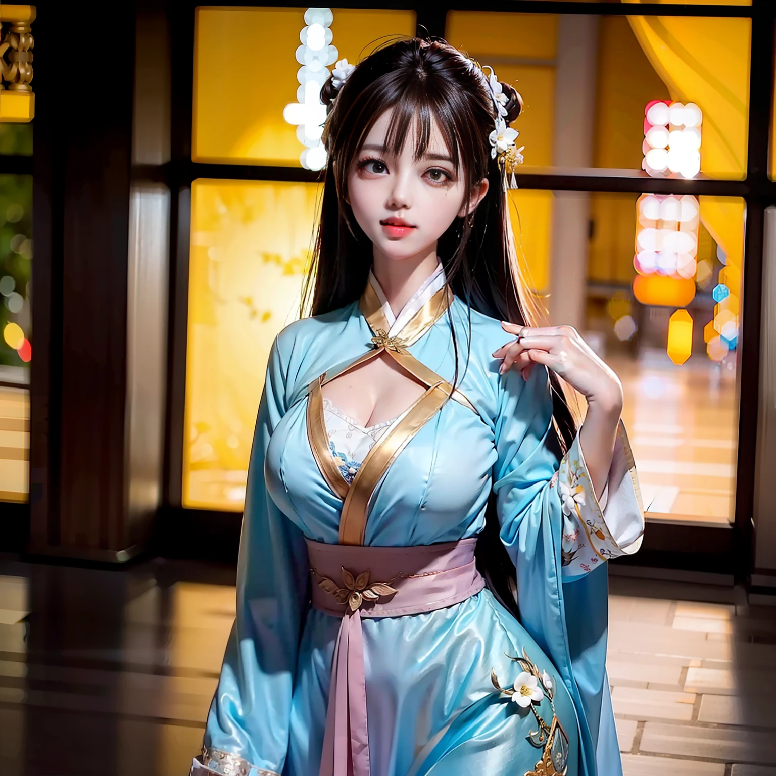 Asian woman in light blue dress standing in front of a building, popular on CGSTATION, beautiful digital artwork, Pan Chengwei on Artstation, CGex and Fenghua Zhong, palace, girl in Hanfu, movie. Fairy Fluttering, Background Bokeh, by Leng Jun, Guvez style artwork, Yang J, Ross Chen 8 K, big breast,