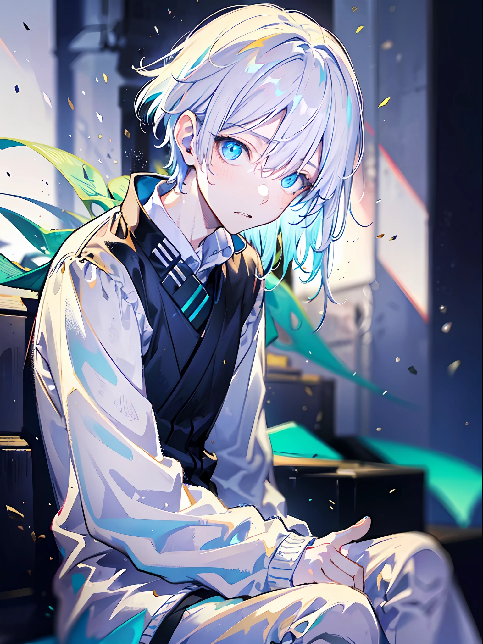(1boy:1.2), (solo:1.2), ((masterpiece)), (shadow), ((sharp focus)), pale skin, staring off, ((detailed eyes)), (blurry background), (white hair), (cyan attire:1.2), indifferent expression, dynamic angle, (tundra background:1.3), exterior, sitting, (night)
