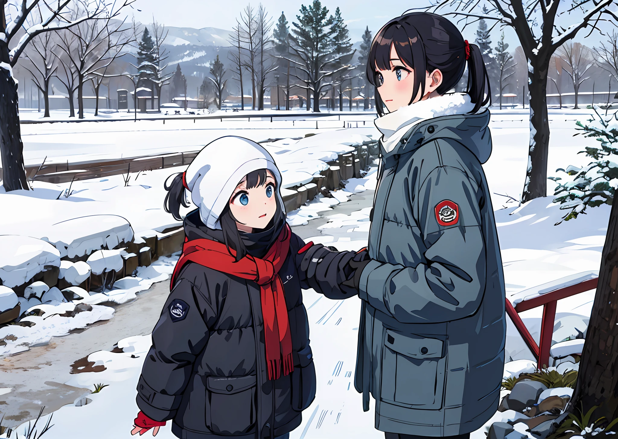 snowy days，parks，snowfield，chilly，Shivering，Thick clothes