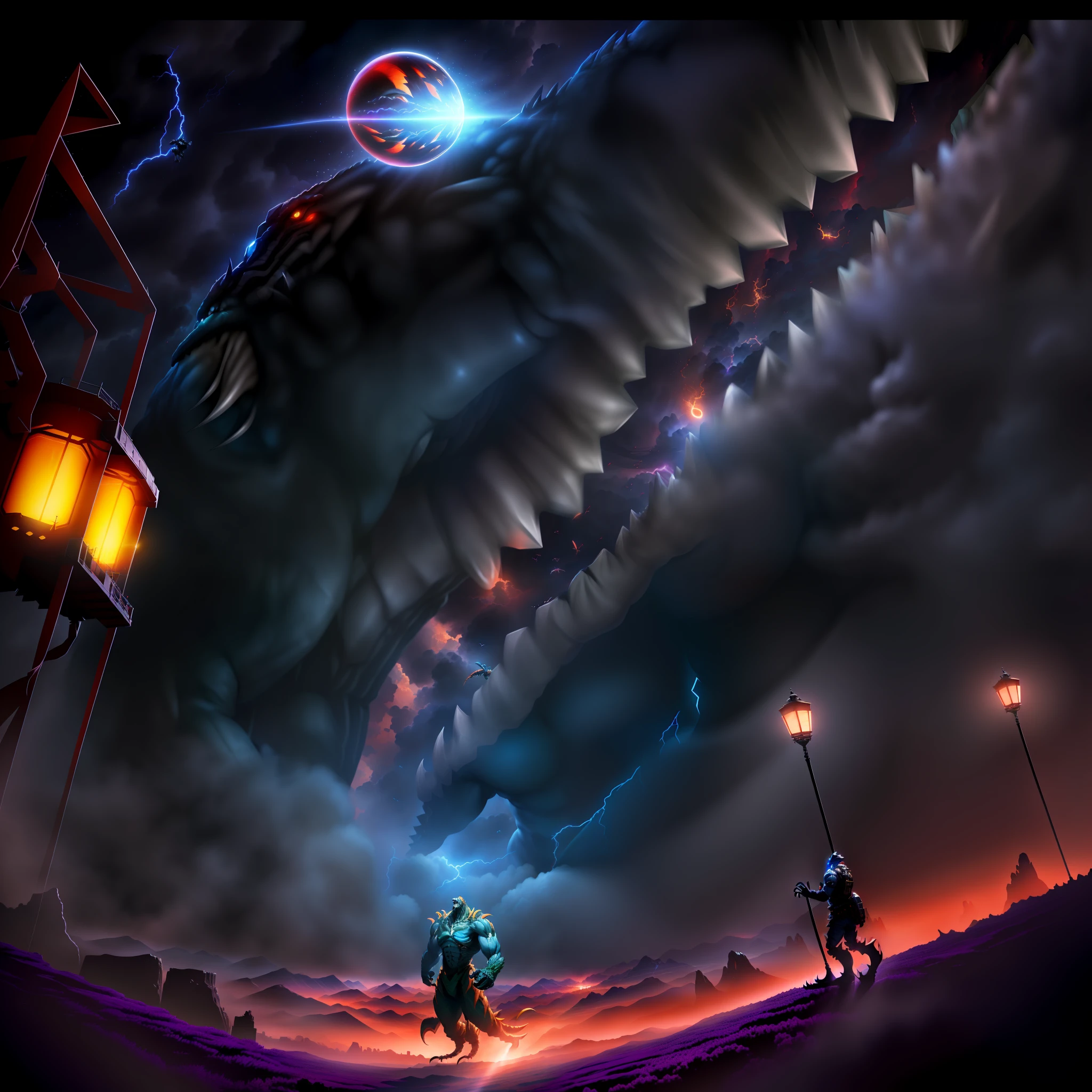 (extremely detailed CG unity 8k wallpaper,masterpiece, best quality, ultra-detailed),(best illumination, best shadow, an extremely delicate and beautiful),dynamic pose, high altitude panorama, (flying giant monsters:1.4),stormy clouds,majestic,impressive,ominous