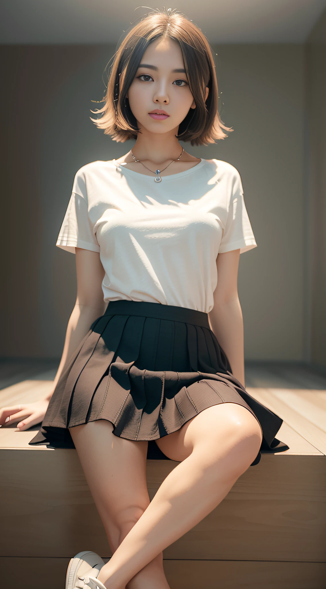 A pure beauty,Star face,High mode,realisticlying,prette,masterpaintings,beatifull,photorealestic,Cinematic lighting effects,Fresh casual style,Cotton skinny short-sleeved T-shirt+pleatedskirt,((Pick dyeing)),White canvas shoes,Simple necklace,16k,Best picture quality,((C4D modeling)),(CR rendering)