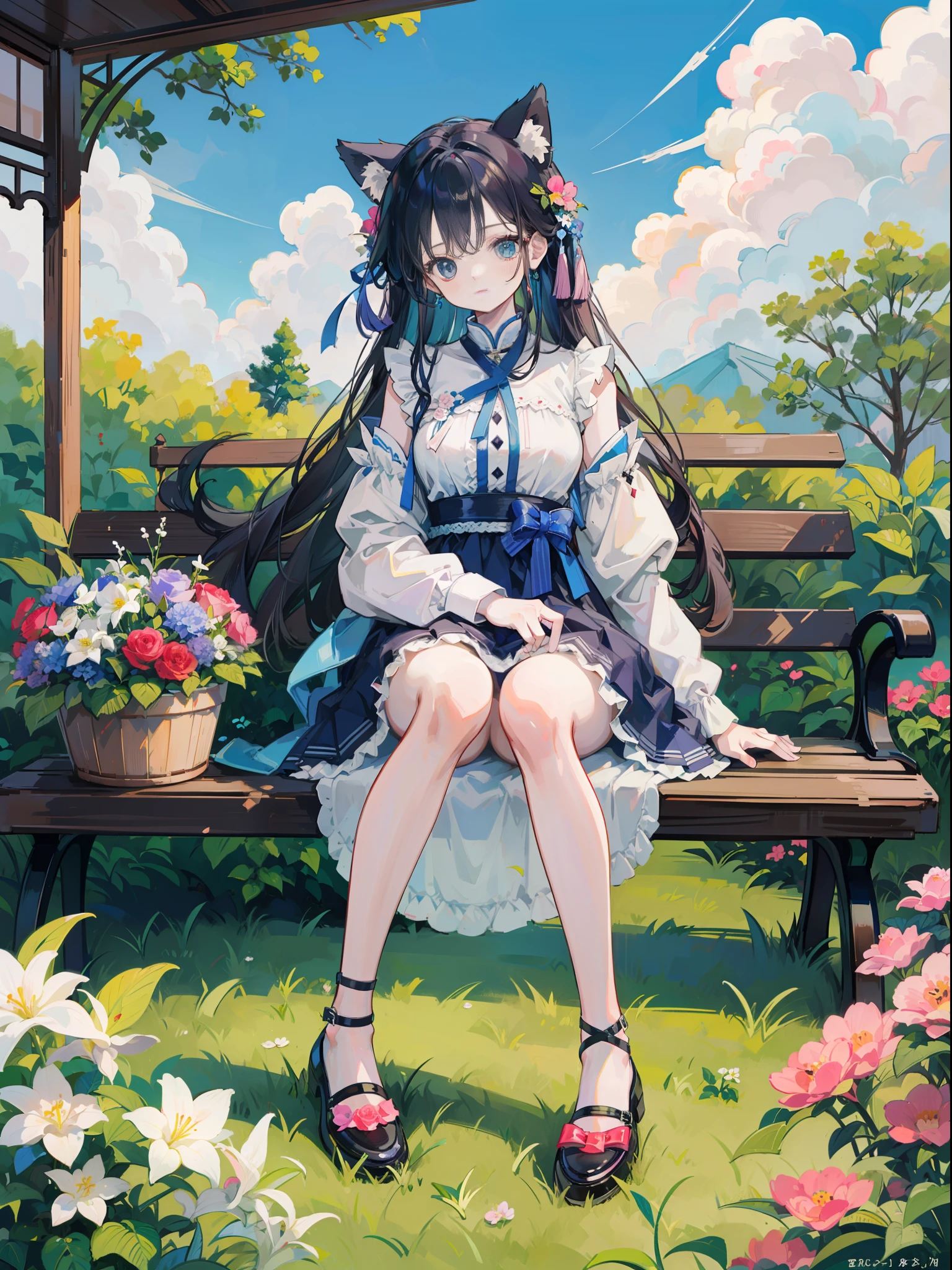 Anime Pictures。Bright and pretty shades。A cute woman with cat ears of about 18 years old sits on a bench in the pavilion of a garden full of flowers。Clothing designed in the image of Hungarian national costume。mini-skirts。Beautiful blue sky and clouds。Lawn and cute flowers at your feet。Flowers are fluttering。Extremely high quality、Extremely high image quality、masute piece、Best-aesthetic