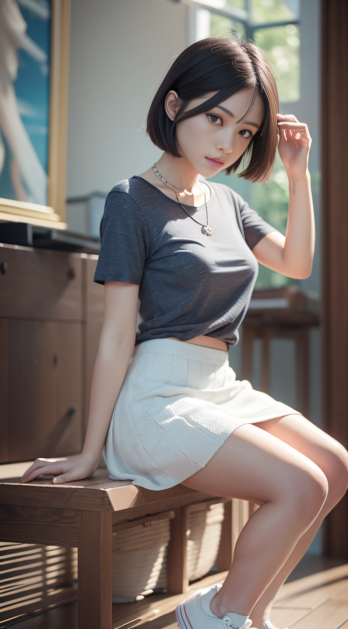 A pure beauty,High mode,realisticlying,prette,masterpaintings,beatifull,photorealestic,Cinematic lighting effects,Fresh casual style,Cotton skinny short-sleeved T-shirt+pleatedskirt,((Pick dyeing)),White canvas shoes,Simple necklace,16k,Best picture quality,((C4D modeling)),(CR rendering)
