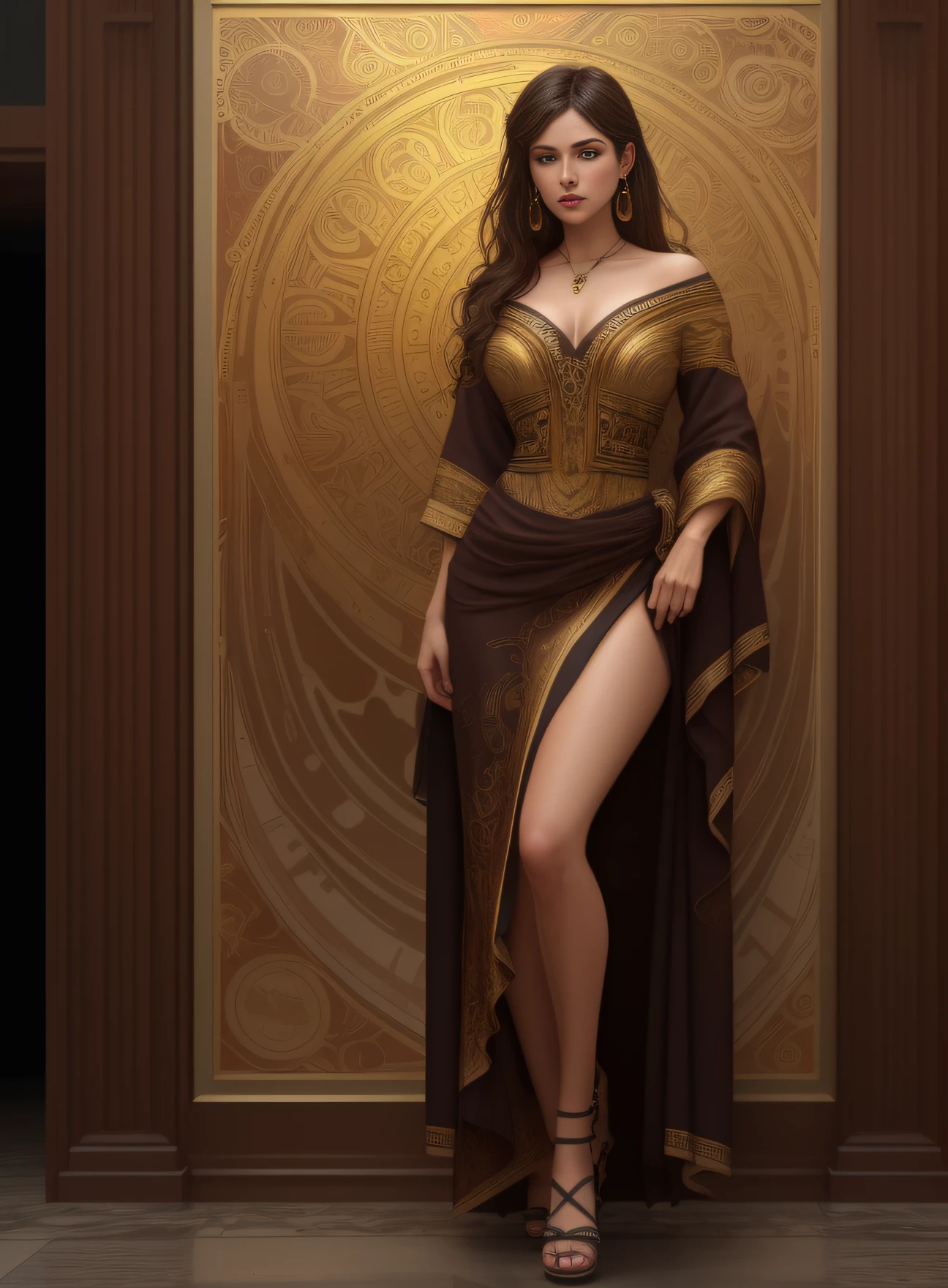 photorealistic beautiful woman, messy brown hair, beggar, full body, cover, hyperdetailed painting, luminism, Bar lighting, complex, ancient greek clothes, messy brown old clothes, 4k resolution concept art, Artgerm, WLOP, Alphonse Mucha, 3d render, octane render, intricately detailed, cinematic, trending on artstation | Isometric | Centered hipereallistic cover photo awesome full color, hand drawn, dark, gritty, realistic mucha, klimt, erte .12k, intricate. hit definition , cinematic,Rough sketch, mix of bold dark lines and loose lines, bold lines, on paper, Full body.