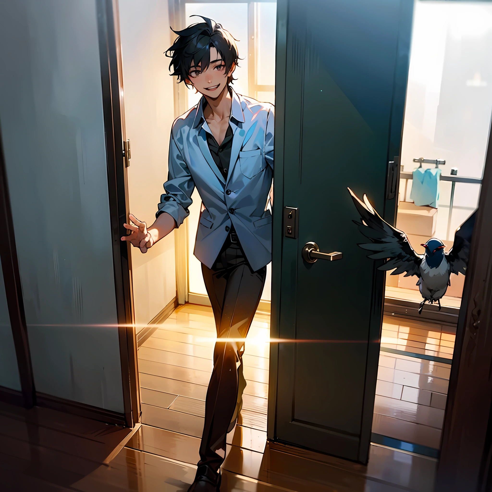 22yr old man, coming home from work, tired, slamming the door open, walking into apartment, happiness, smiling, baggy eyes, finally home, corporate wear, apartment floor, middle class apartment, great weather, birds flying, magical particles surround him (natural skin texture, hyperrealism, soft light, sharp), night time, apartment light illumination, cinematic, ready to go to bed