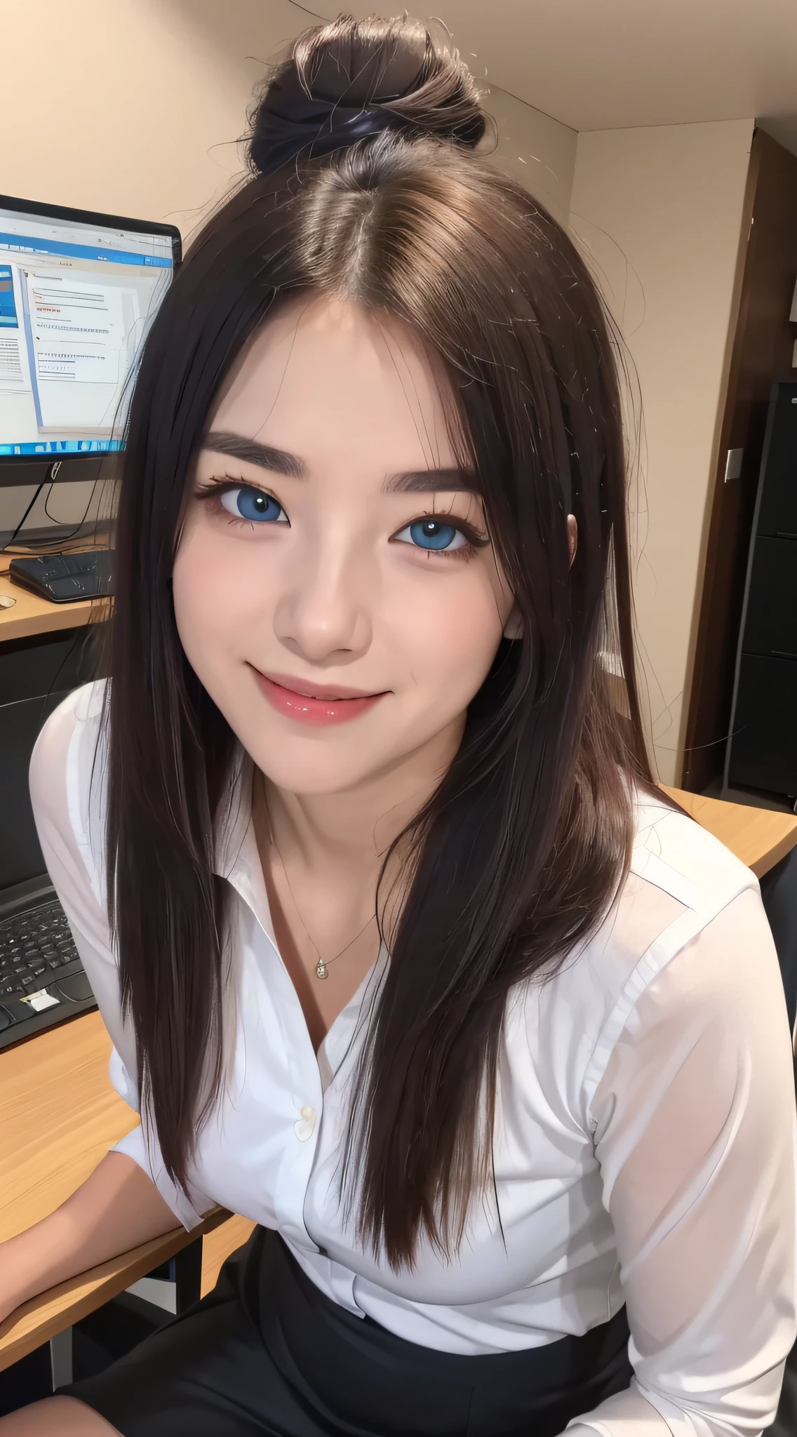 (RAW, best quality, masterpiece:1.5), (photo realistic, intricate details:1.2), ultra highres, absurdres,
1girl, beautiful face, blue eyes, green eyes, detalied eyes, symmetric eyes, light on face, nose blush, short hair, hair bun, black hair tie, 
clk, vest, suit, pencil miniskirt, white shirt, silk scarf, black pantyhose, [:20d, :0.8],
smile, small dimples, sexually suggestive, 
medium breasts, slim waist, slim legs, long legs,
sitting on chair in front of desk, perfect body, good proportions,
looking at viewer, 
(office, indoor, hyper detailed background:1.2), japan, copy machine, file cabinet, computer, monitor,
shiny skin, real skin texture, 
natural lighting, best lighting, detailed background, detailed shadow, sharp focus, depth of field f/2,
saturated, high contrast, strong light and shadow