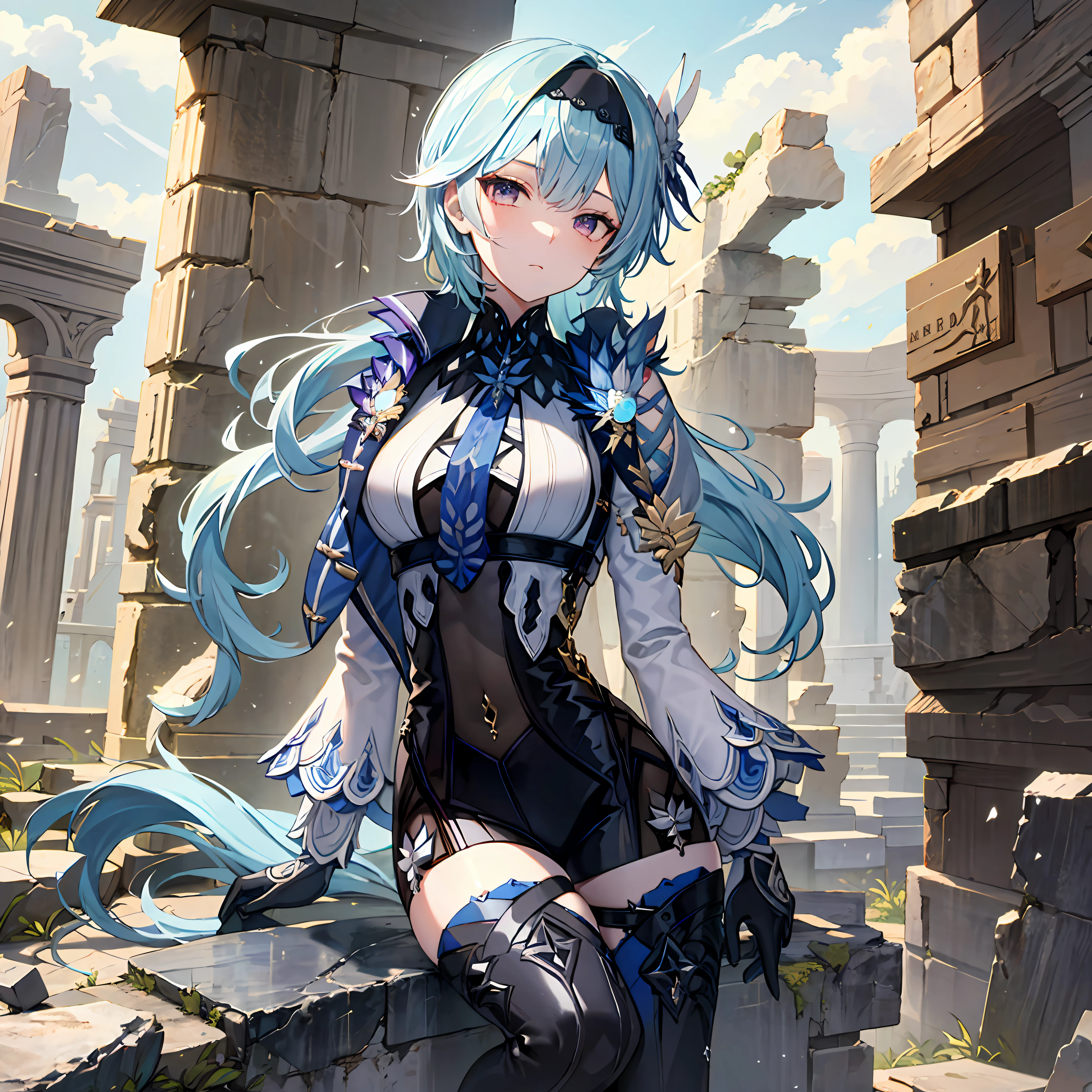 (masterpaintings,Best quality 1.2),Yuradev,独奏,blue hairs,a blue tie,Purple eye,looking ath the viewer,beatifull,Over-the-knee heeled boots,beatifull,Ancient ruins,(Detailed eyes,Detailed face 1.3)